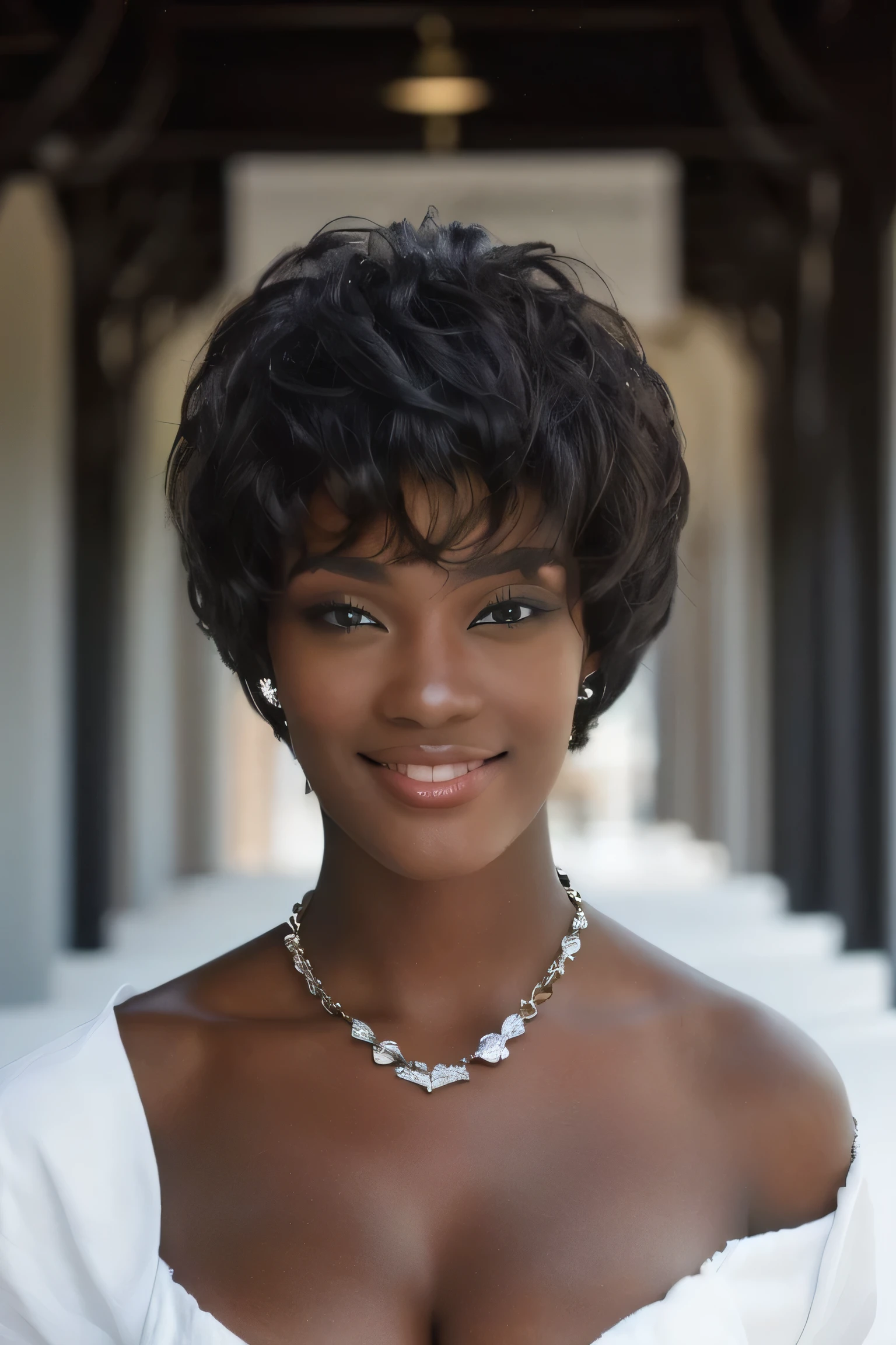 a close up of a woman with a necklace and a necklace, short black hair with gel, h 1024, h 1 0 2 4, african american woman, black short curtain haircut, ultra high quality model, ultra realistic”, ultra realistic ”, highly realistic”, - h 1 0 2 4, -h 1024, h 7 0 4, ebony skin