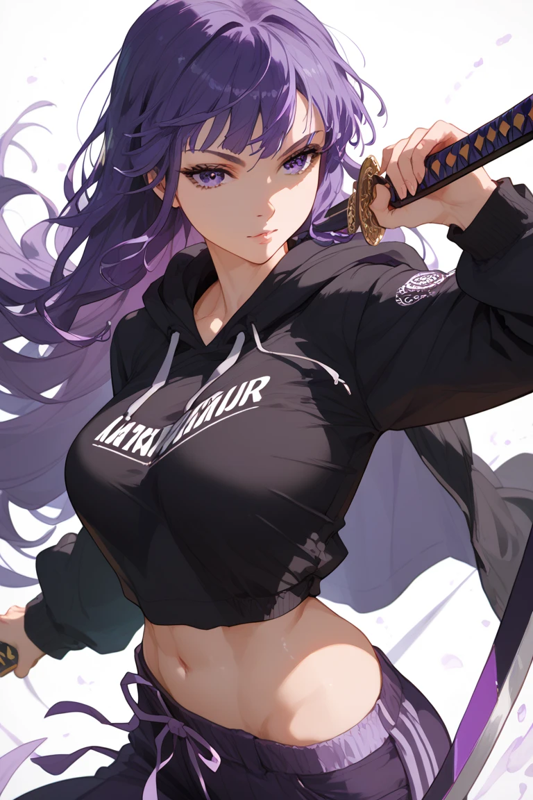 1 woman,  purple hair,  purple eyes, Long hair, Wear a black hoodie,  sensual posture , hentai,  boobs,  boobsใหญ่,  shirt,  Masterpiece,  anatomically correct,  Wild  Flooring, precise, Holding a samurai sword,