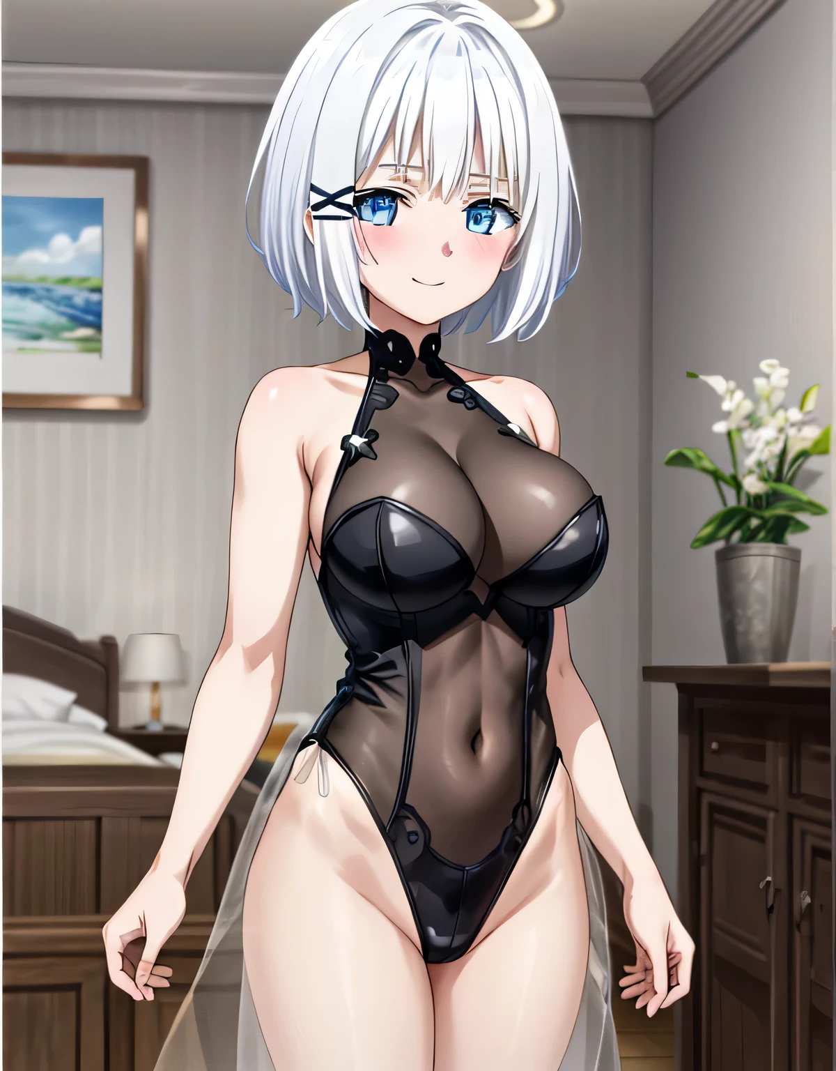 Siesta, blue eyes,medium hair,short hair,white hair,hairclip x hair ornament,bangs,smile,official art,bedroom,see-through leotard,(shiny black see-through leotard),(large breasts:1.8),(shiny,hair),((solo)),((masterpiece)),((best quality)),perfect anatomy,slim waist,perfect image,8k UHD,(beautiful detailed eyes:1.5),extremely detailed face,standing,(look at the front:1.5),(arms behindback),ultra-detailed,absurdres,ultra-highres,indoor room,indoor,closed mouth,blush,