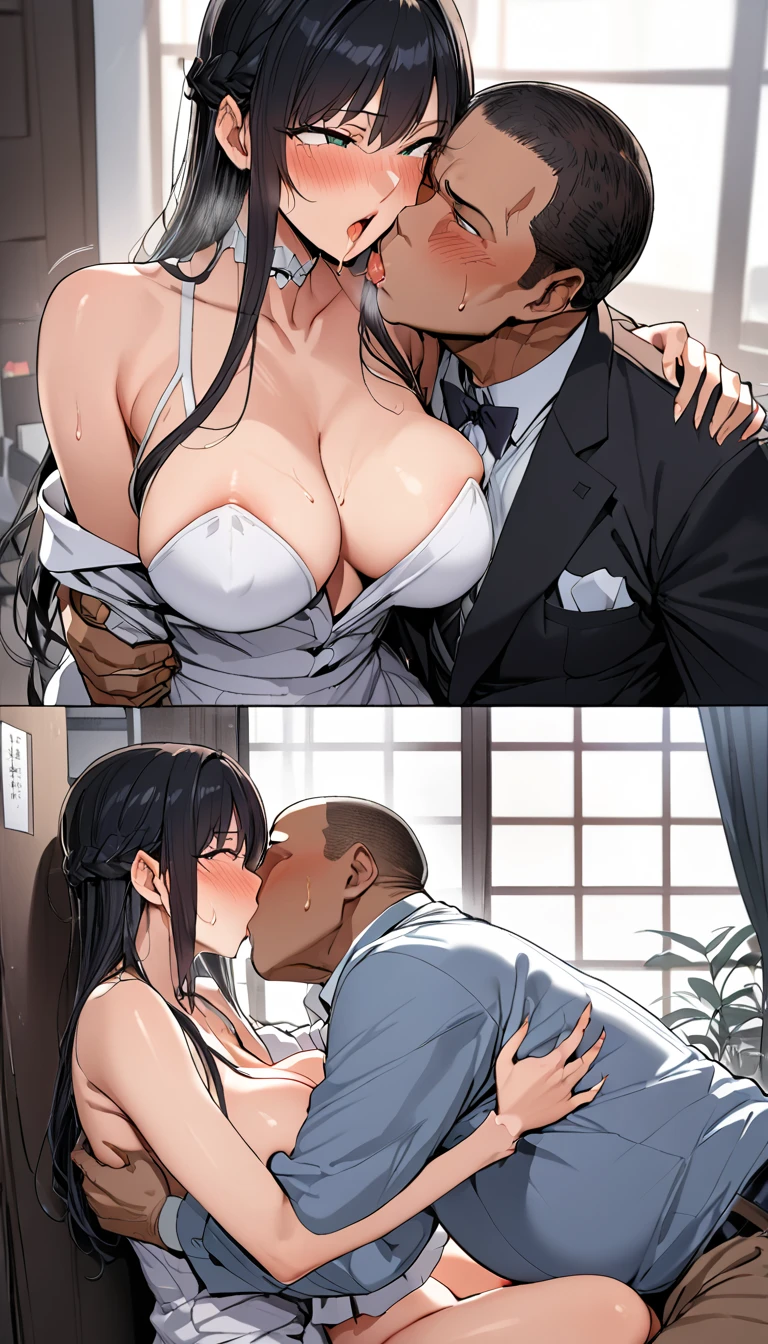 nsfw,1scene,from front,cnc,High quality,Ultra-high resolution,High-definition illustrations,Masterpiece,extremely detailed,highres,detail mouth,Mature hetero sexual couple,bewitching woman,(married sexy milf is glossy lips and uncle perv is lust hentai),(black heir),eyes rolled back, drooling, flushed cheeks, intense expression,office,intense climax,1 obese geezer black male stalker,(((hug from behind))),((breasts grabs)),(Deep Kiss: 1.4)), (((Forced kiss,))),((sexual harassment)),saliva,sweat,Medium breasts,seductive,beautyfull curvy,mole under eye,blush,netorare falling,