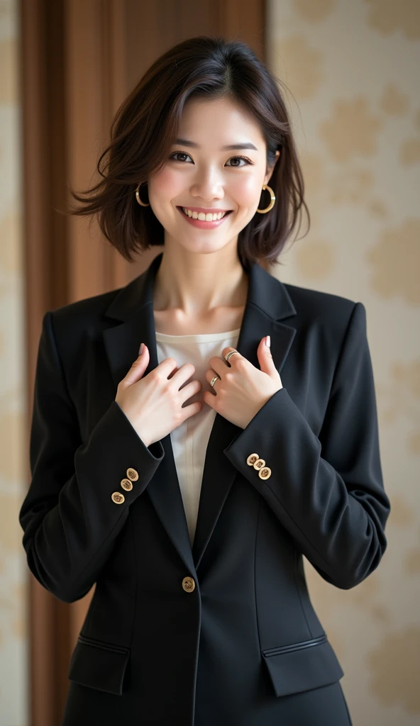 ( Messy brunette hair ),( Precisely depicts  ), ( president),  president室, (Big Breasts:1.2), (Rift),  glasses,( Korean Idols), (Office jacket :1.1),  Mature Women ,  big breasts ,  beautiful face , Professional lighting, (Brightening skin :0.9),  in high quality , ( Seductive Posture :1.2), Short hair,   black and blonde hair  , Delicate round large hoop earrings,  glassesをかけている, Perfect buttocks,  beautiful long legs,  heels ,  She rubbed her chest with her hands., ( Smile), obscene,   putting hands on cheeks  