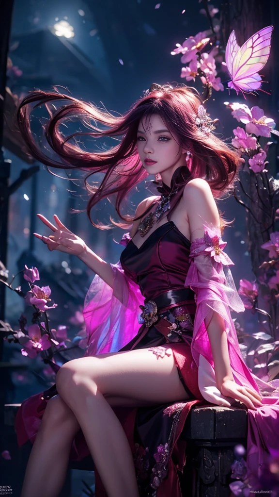(best quality,ultra-detailed),anime style,red and black color scheme,soft lighting,flame effects,wearing a revealing outfit,standing in a mysterious forest,with a katana in her hand, surrounded by floating cherry blossom petals,silhouette of a full moon in the background,eye-catching composition,glowing eyes,beautiful flowing hair.