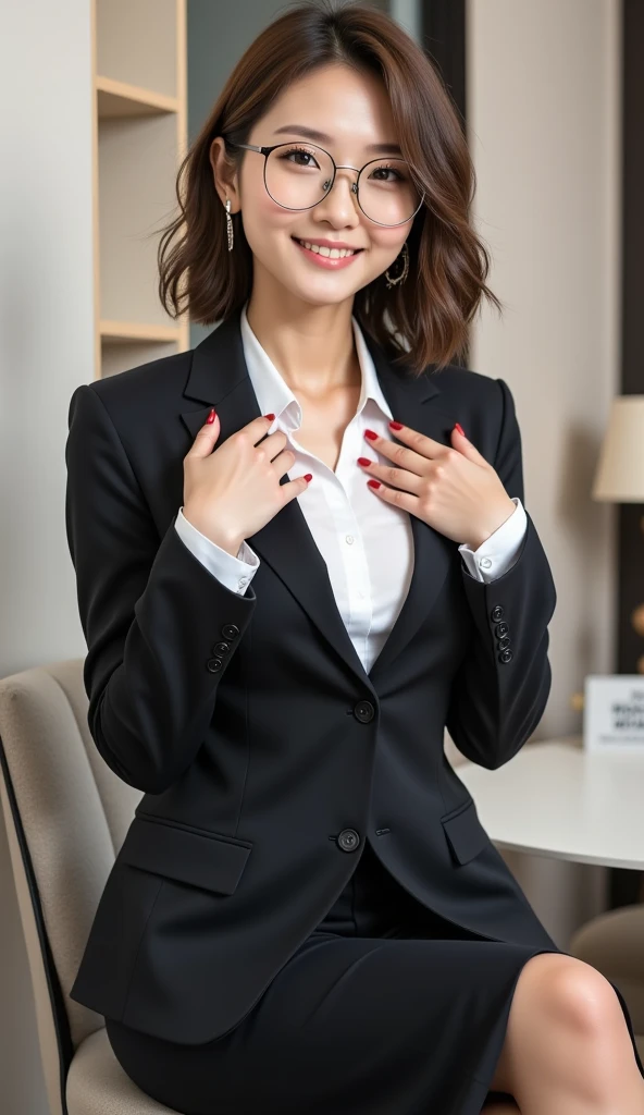 ( Messy brunette hair ),( Precisely depicts  ), ( president),  president室, (Big Breasts:1.2), (Rift),  glasses,( Korean Idols), (Office jacket :1.1),  Mature Women ,  big breasts ,  beautiful face , Professional lighting, (Brightening skin :0.9),  in high quality , ( Seductive Posture :1.2), Short hair,   black and blonde hair  , Delicate round large hoop earrings,  glassesをかけている, Perfect buttocks,  beautiful long legs,  heels ,  She rubbed her chest with her hands., ( Smile), obscene,   putting hands on cheeks  