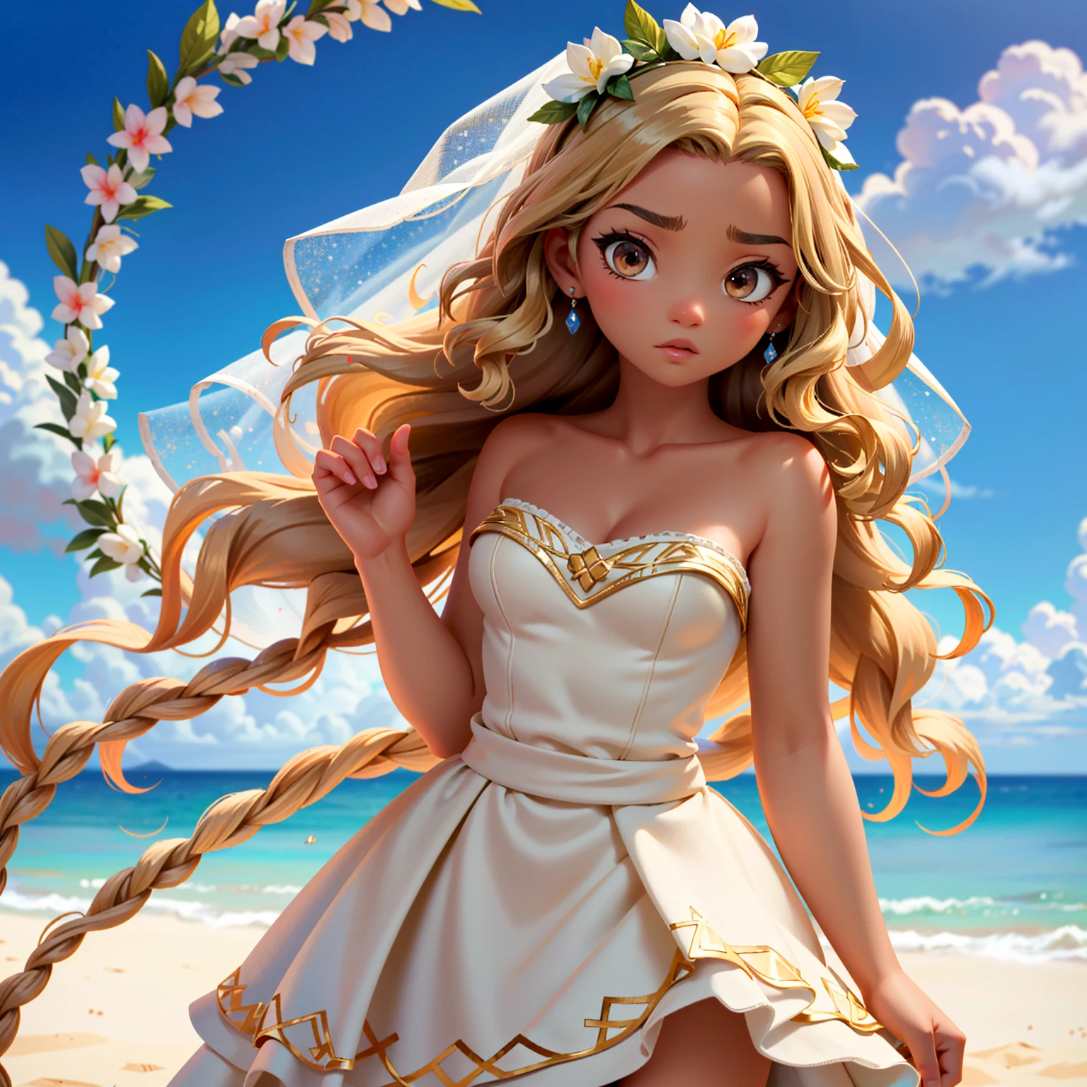 (( ultra detailed ,   masterpiece , absurdres))
 DMoana, 1 , blond hair,  wavy hair,  dark skin,  brown eyes , wearing a wedding dress, bridal veil, Standing on the clouds