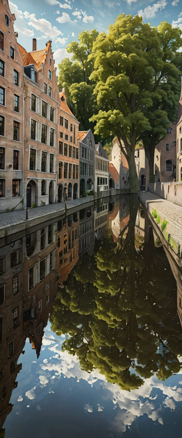 (Masterpiece: 1.2, High Definition, High Quality, 4K, 8k, Detail, Aesthetics: 1.2), old European stone cityscapes on both sides of the river, stone cityscapes reflected on the surface of the river, ripples of duck parents and ducklings swimming distort the cityscapes reflected on the river, Bruges, Belgium, quiet rural landscape, Realistic,