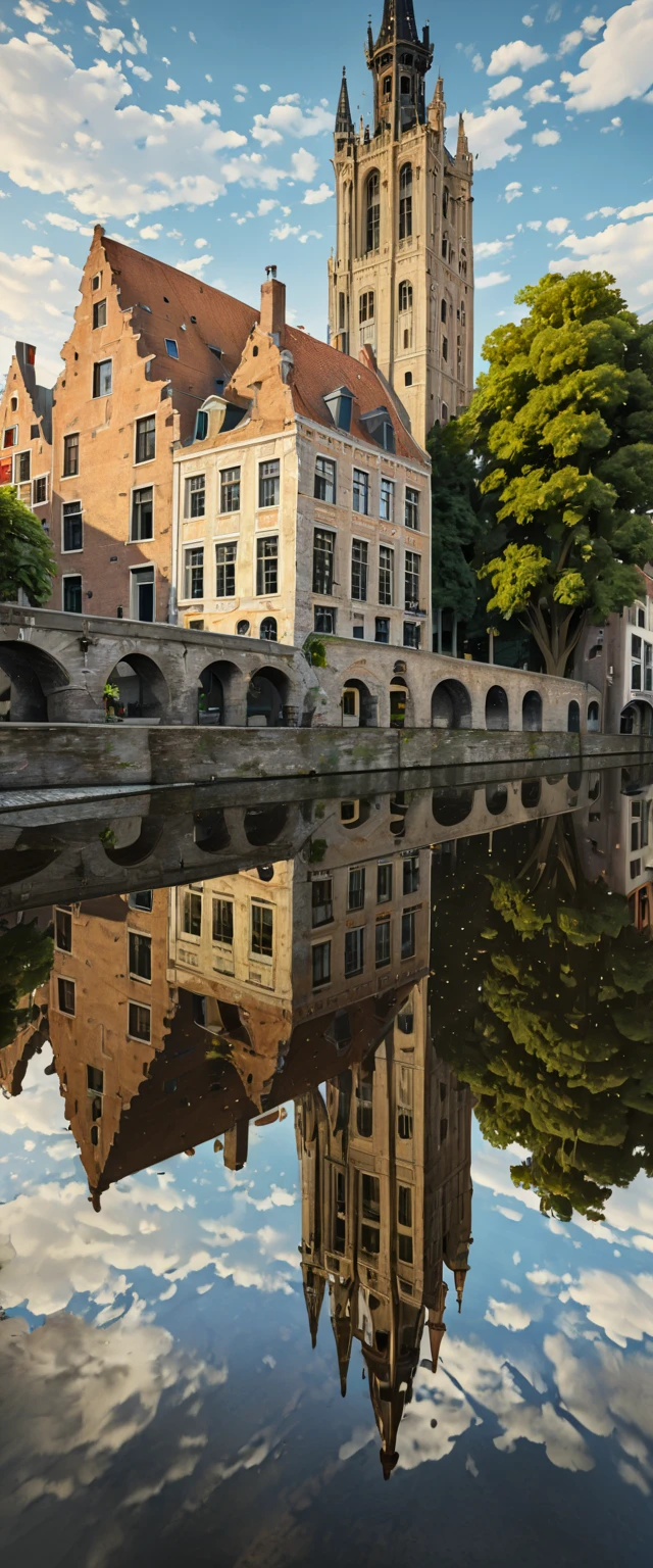 (Masterpiece: 1.2, High Definition, High Quality, 4K, 8k, Detail, Aesthetics: 1.2), old European stone cityscapes on both sides of the river, stone cityscapes reflected on the surface of the river, ripples of duck parents and ducklings swimming distort the cityscapes reflected on the river, Bruges, Belgium, quiet rural landscape, Realistic,