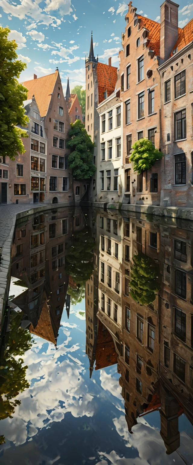 (Masterpiece: 1.2, High Definition, High Quality, 4K, 8k, Detail, Aesthetics: 1.2), old European stone cityscapes on both sides of the river, stone cityscapes reflected on the surface of the river, ripples of duck parents and ducklings swimming distort the cityscapes reflected on the river, Bruges, Belgium, quiet rural landscape, Realistic,