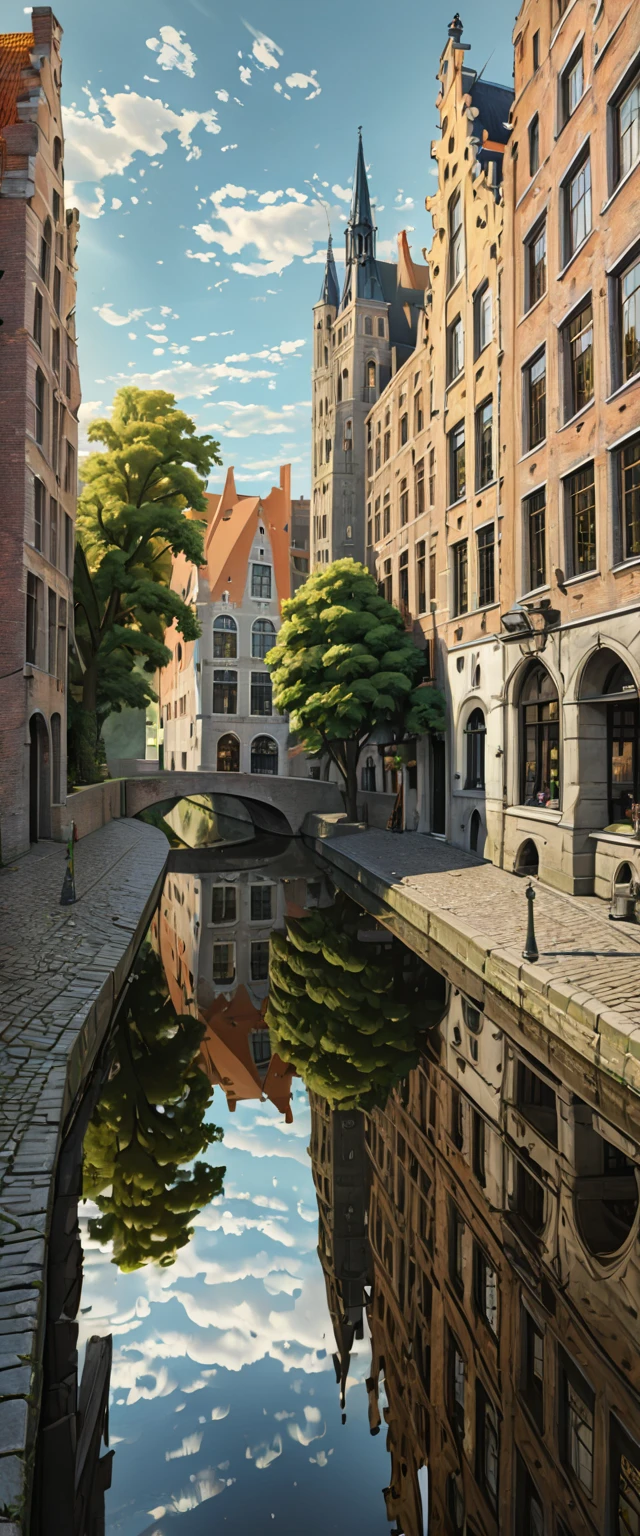 (Masterpiece: 1.2, High Definition, High Quality, 4K, 8k, Detail, Aesthetics: 1.2), old European stone cityscapes on both sides of the river, stone cityscapes reflected on the surface of the river, ripples of duck parents and ducklings swimming distort the cityscapes reflected on the river, Bruges, Belgium, quiet rural landscape, Realistic,