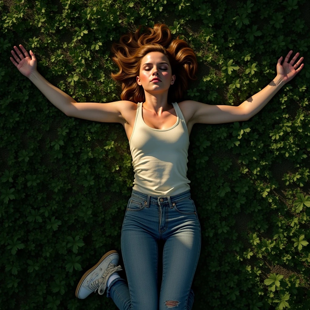 a top down full body photorealistic depiction of an unconscious emma watson, lying unconscious on a grassy ground, arms stretched out, legs bent, her hair tousled, dressed in a tank top, skinny jeans, and sneakers, small earrings, and light makeup, her body covered in visible injuries, serene yet haunting scene with her eyes closed, expressing defeat and submission, soft sunlight filtering through trees, casting dappled shadows, detailed textures of the grass and fabric, ultra-realistic, cinematic compositiond