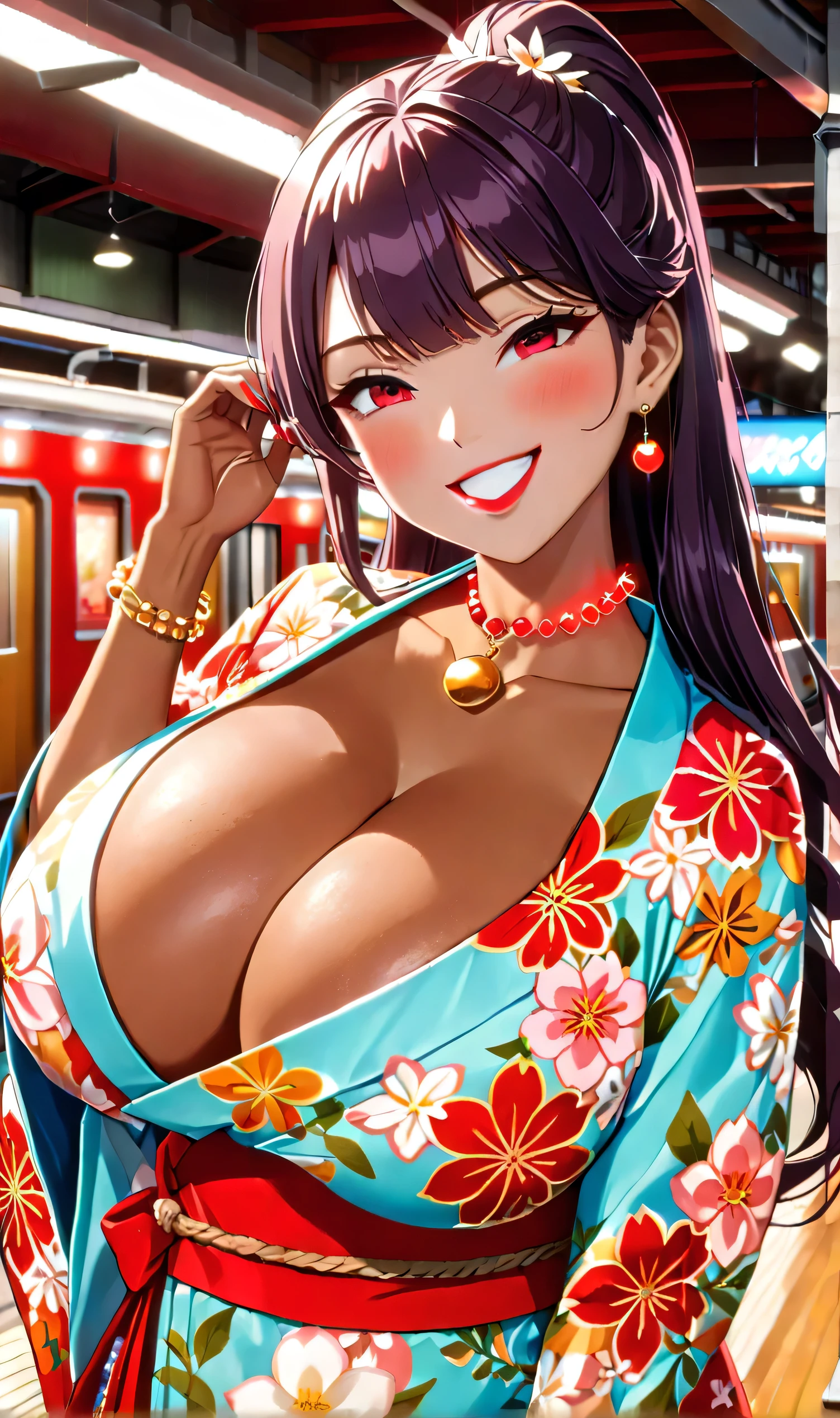 ultra-detailed, ((one girl)), ((Komi Shouko)), (portrait),(Raise your hand),  (tan skin:1.4), in pastel colors gyaru, (heavy makeup), (professional lighting) hyper detailed, absurdres, 8k, Beautiful Face, (Laugh shyly), ((teasing smile:1.6)), ((happy smile:1.5)),  ((Wink:1.6)), (Laugh with your mouth wide open),((Tilt your face:1.6)), View your viewers, ((Bright red cheeks:1.6)),Glossy shocking pink lips, ((huge breasts:1.6)),  ((undressing)), noon, summer, Station platform, Anime style background)),masterpiece, Highest quality, (Brighten your face), so beautiful,Latest, Complex details, ((fluorescent pink long nail:1.2)), (ring),(bracelet), (Floral Choker),AI-generated, Complex,High resolution, Highest quality, super high quality,3D Images、3D Images,One person, ((honey blond long hair), (High Ponytail), (wavy hair:1.4), Anime woman posing for a photo, ((Fine grain、blue eyes、glowing eyes:1.4)), (Squint your eyes:1.1),a hyperRealistic , hyperRealistic , Realistic,Anime woman with long honey blonde hair, Smooth anime CG art, A girl in a gorgeous pastel-colored kimono, ((Pastel-colored furisode)),(Pink large floral pattern),  (sideboob), Long flower hair ornament,Big earrings, Mature Body, tall,Narrow waist, front view, ((upper body)), 