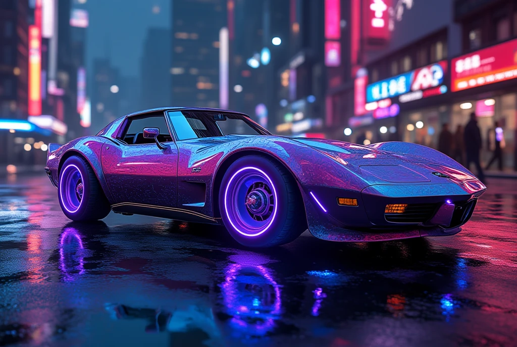 A striking depiction of a Corvette V3 reimagined in a bold 70s-inspired cyberpunk style. The legendary car features a sleek, low-slung body with glowing neon accents along its edges, blending vintage curves with futuristic tech. The paintwork is a vibrant metallic purple with holographic patterns reflecting under the glow of urban lights. Massive, glowing hubcaps and rear wheels emit a blue neon hue, while the front grille is adorned with pulsating LED strips. The backdrop is a bustling cyberpunk cityscape, with towering skyscrapers, holographic billboards, and a moody, rain-slicked street reflecting the car's luminous glow.