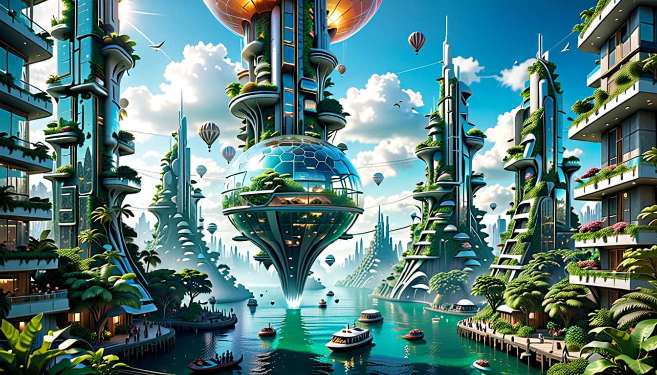 (A giant seagoing futuristic floating island city), self-sufficient and sustainable, harnessing wind and solar power, wave motion, and a small fusion reactor to power the living city. The city features rounded homes to avoid wind resistance, sails for movement, and giant balloons or blimps for harnessing lightning and scientific purposes. The densely packed yet spacious homes have hanging gardens and surfaces covered in green plant life, shiny solar panels, or polished metal. Ponds and canals run through the city, creating a vibrant, eco-friendly environment. The city extends several levels underwater with additional structures and spaces beneath the surface of the ocean. The design blends (sci-fi futurism) with steampunk hints, creating (a sleek and modern look). There is lots of gleaming glass, and metal, and white marble intermingled seamlessley into the environment. In the distance a similar city can be seen to being lifted off the surface of the ocean up into the sky by large dirigibles. absurdres, 8k, maximum detail cinematic movie still, masterpiece, best quality, absurd resolution, 8k, ray tracing, HDR, UHD, volumetric lighting, Unreal Engine 5, Unity Engine, Blender, octane render, exquisite subject composition and use of lighting:1.4, exceptional, award-winning shading:1.38, sharp focus:1.35, high-angle), HDR, 8k, UHD 8K resolution, wide-angle lens, landscape photograph, Absurd resolution, maximum detail, photorealistic, realistic, ultra-realistic, repeat positive prompts, repeat negative prompts, epiCPhoto, eznegativexl,
