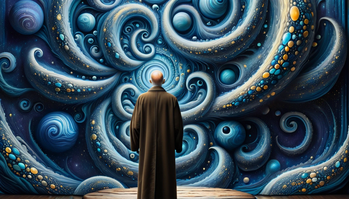 A surrealistic painting featuring a dreamlike scene with ethereal lighting, blending cool tones of blue, cyan, and purple with warm accents. The foreground showcases a wooden platform where a figure dressed in a long dark coat stands upright, holding a pointing device or wand in their right hand while gazing at floating objects above. On the left side of the image, a large, bald humanoid face with an aged appearance and closed eyes is prominently displayed, its features painted in earthy browns with touches of gold and orange. To the right, another face can be seen, partially obscured by tentacle-like structures. The midground contains various abstract shapes, including spherical objects with golden-brown exteriors and colorful speckles resting on reflective surfaces. These orbs have textured surfaces with intricate patterns in shades of amber yellow, bronze brown, and white specks. A prominent tentacle-like structure extends from the bottom right towards the center, curving upwards and intertwining with other elements. The background consists of swirling, cosmic-like patterns that create a sense of depth and movement, with additional faces and circular elements appearing as if they are part of a larger, coiled formation. The sky transitions from deep navy blue to lighter cyan hues near the horizon, filled with abstract forms resembling colossal eyes or lenses embedded in twisted, organic shapes. These objects have reflective surfaces and intricate details within their glassy surfaces. The overall composition is dynamic and otherworldly, with high contrast, vivid saturation, and soft, diffused lighting enhancing the mystical and contemplative mood of the artwork.