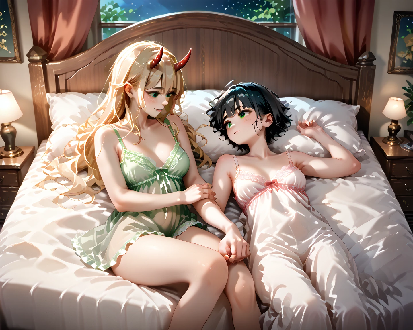 the horned adult short-black-hair green-skin muscular female orc and the cute wavy long blonde hair light-green eye adolescent human girl ,each other wearing short lingerie,the orc Snogging and bunking up the human on the bed, anime style