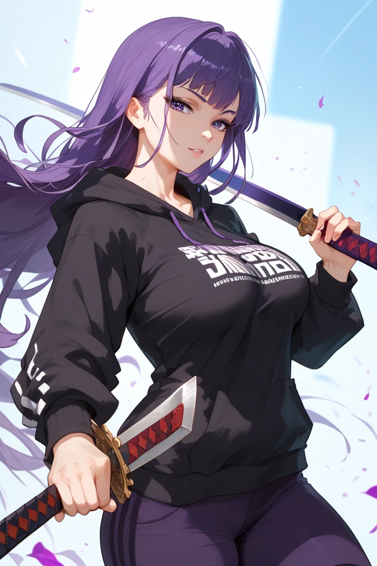 1 woman,  purple hair,  purple eyes, Long hair, Wear a black hoodie,  sensual posture , hentai,  boobs,  boobsใหญ่,  shirt,  Masterpiece,  anatomically correct,  Wild  Flooring, precise, Holding a samurai sword, Put on the Japanese demon mask 