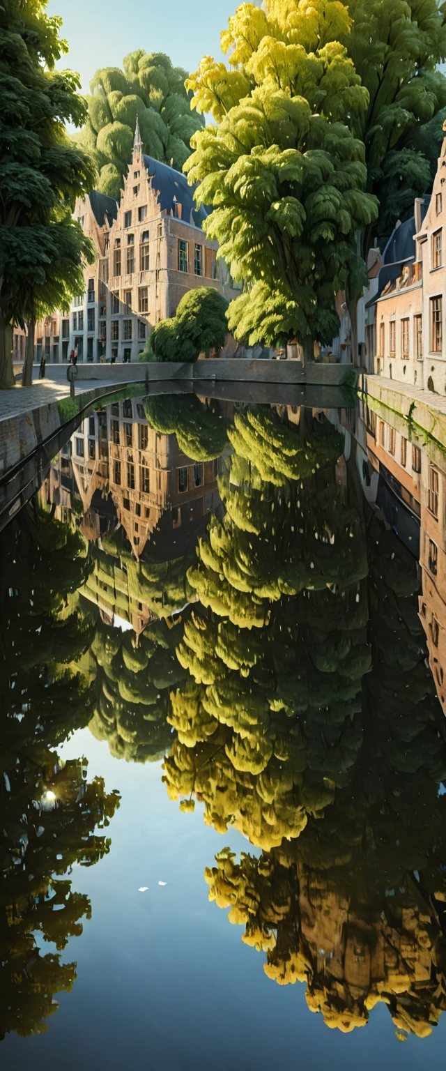 (Masterpiece: 1.2, High Definition, High Quality, 4K, 8k, Detail, Aesthetics: 1.2), old European stone cityscapes on both sides of the river, stone cityscapes reflected on the surface of the river, ripples of duck parents and ducklings swimming distort the cityscapes reflected on the river, Bruges, Belgium, quiet rural landscape, Realistic,