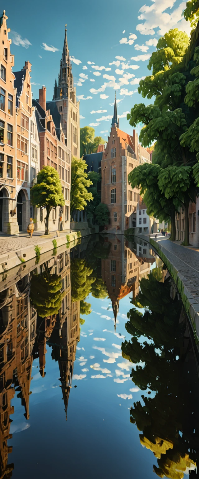 (Masterpiece: 1.2, High Definition, High Quality, 4K, 8k, Detail, Aesthetics: 1.2), old European stone cityscapes on both sides of the river, stone cityscapes reflected on the surface of the river, ripples of duck parents and ducklings swimming distort the cityscapes reflected on the river, Bruges, Belgium, quiet rural landscape, Realistic,