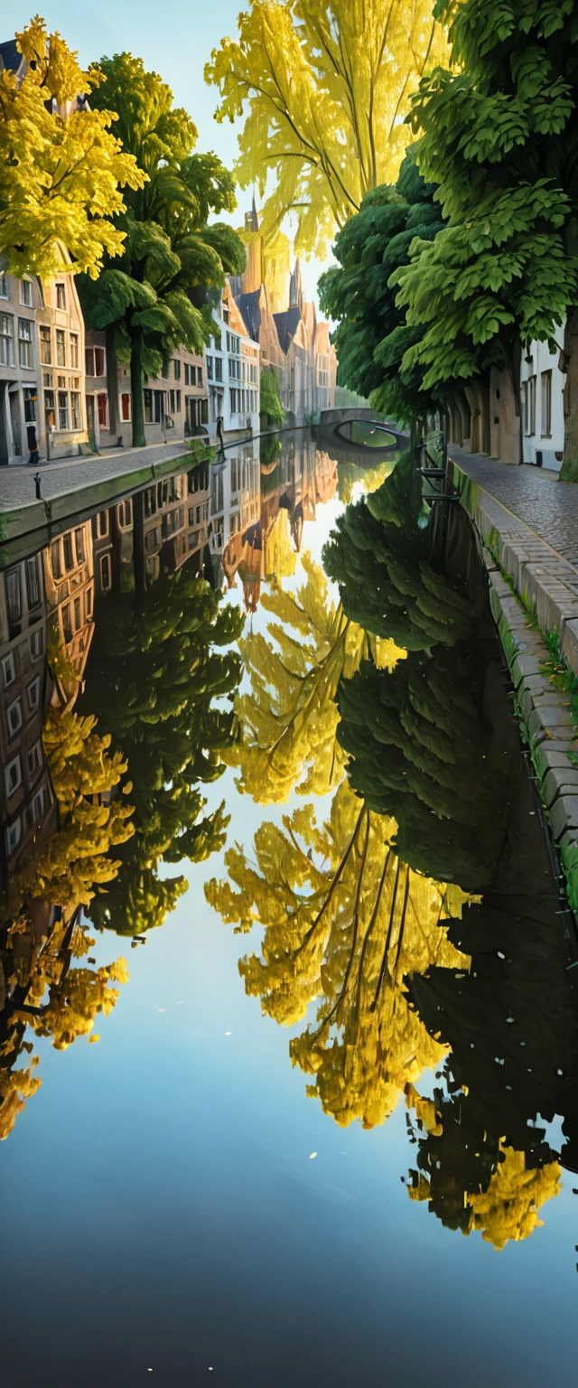 (Masterpiece: 1.2, High Definition, High Quality, 4K, 8k, Detail, Aesthetics: 1.2), old European stone cityscapes on both sides of the river, stone cityscapes reflected on the surface of the river, ripples of duck parents and ducklings swimming distort the cityscapes reflected on the river, Bruges, Belgium, quiet rural landscape, Realistic,