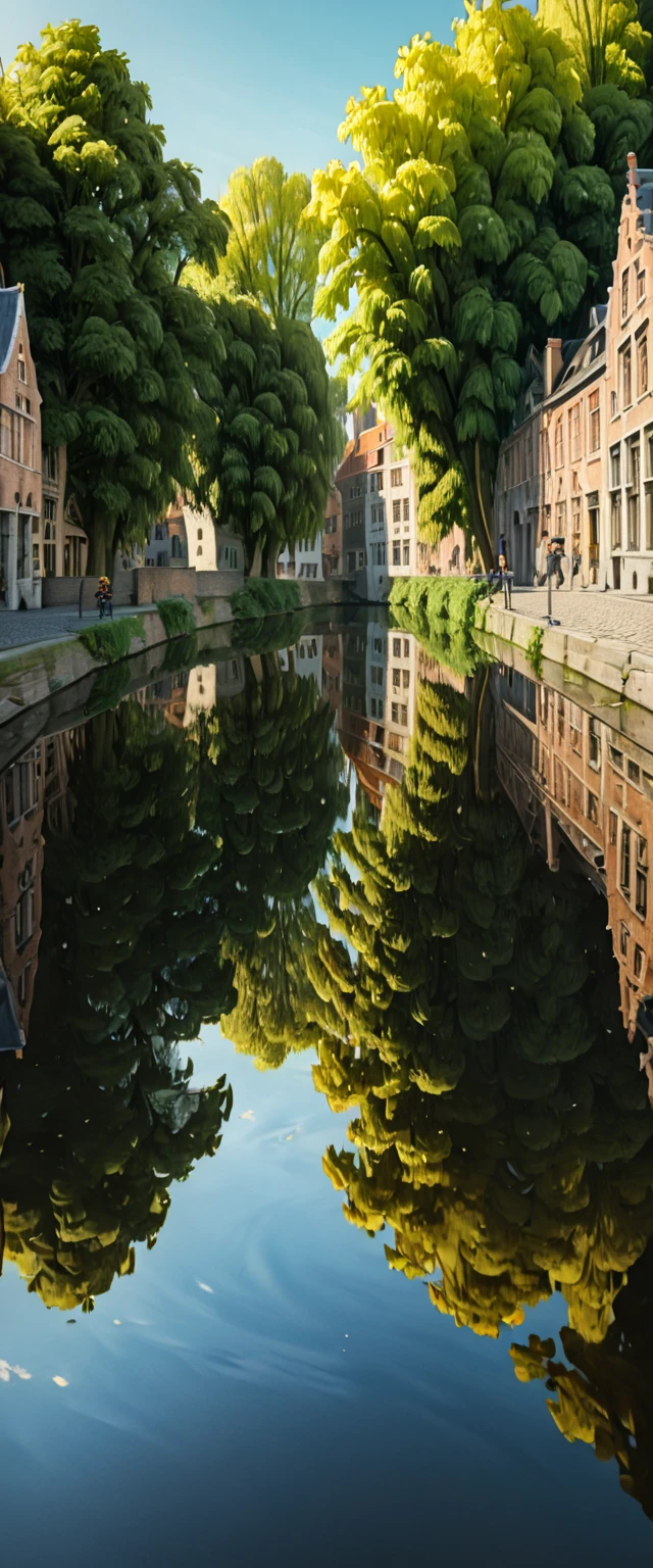 (Masterpiece: 1.2, High Definition, High Quality, 4K, 8k, Detail, Aesthetics: 1.2), old European stone cityscapes on both sides of the river, stone cityscapes reflected on the surface of the river, ripples of duck parents and ducklings swimming distort the cityscapes reflected on the river, Bruges, Belgium, quiet rural landscape, Realistic,