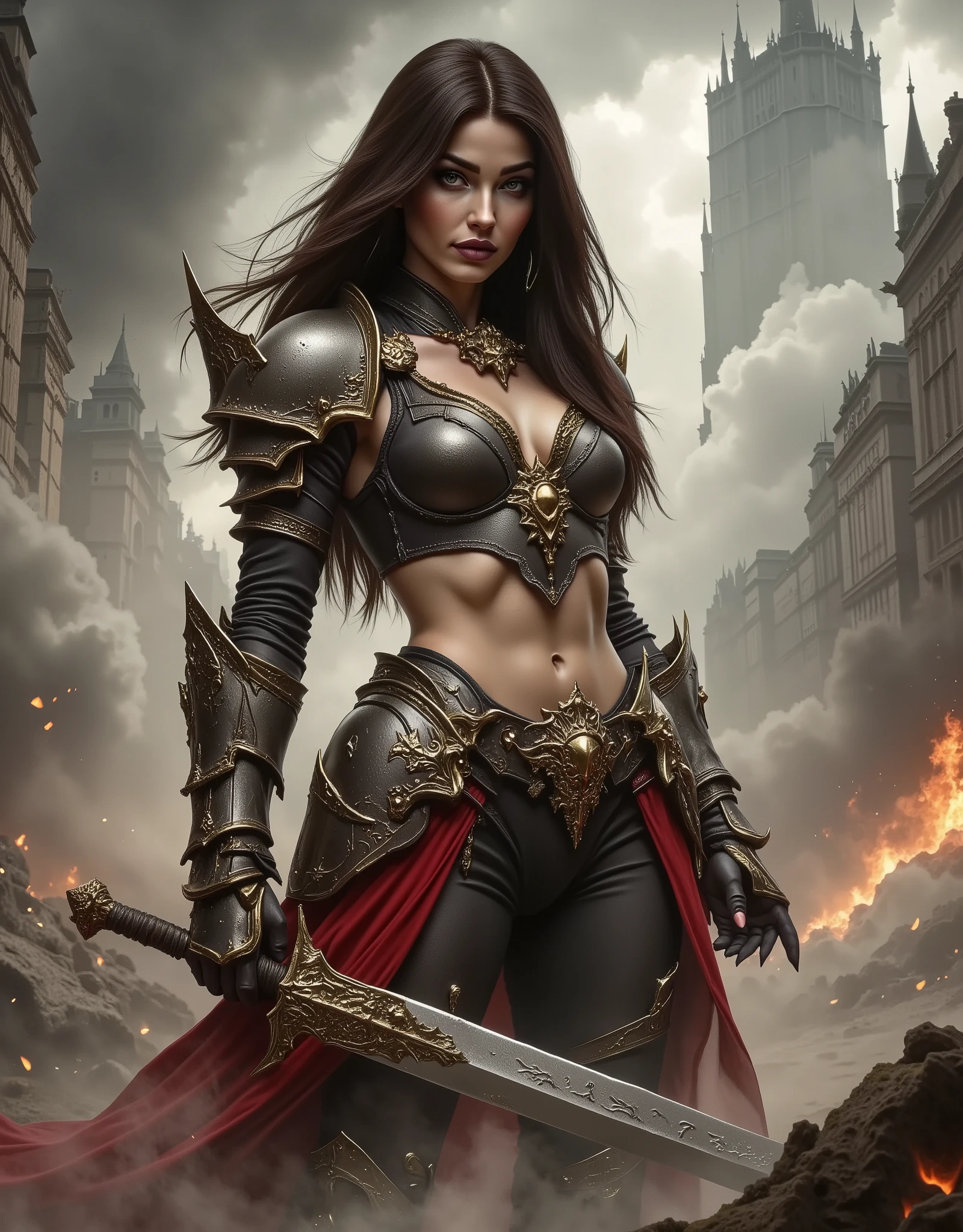 nat4m4rsv3flx, Beautiful warrior woman with a sword 4k best quality, back lighting, backlit, destruction