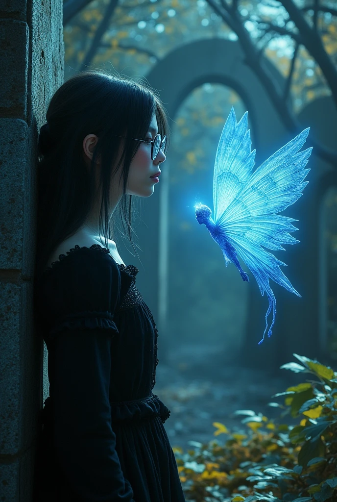 A gothic young woman with pale skin and dark, flowing hair stands near an abandoned monolith, her delicate face framed by round glasses. She gazes in awe at a glowing blue fairy hovering before her, its ethereal wings scattering shimmering light. The scene is painted in solemn, enigmatic tones, with dramatic lighting casting deep shadows and highlighting the monolith’s ancient, weathered texture. The atmosphere is rich with pictorial textures, enchanting details, and a layered composition that creates depth. The woman’s soft features and curious expression add a dreamlike quality, while warm, mystical hues blend with the fairy's luminous glow, evoking a sense of wonder and mystery.