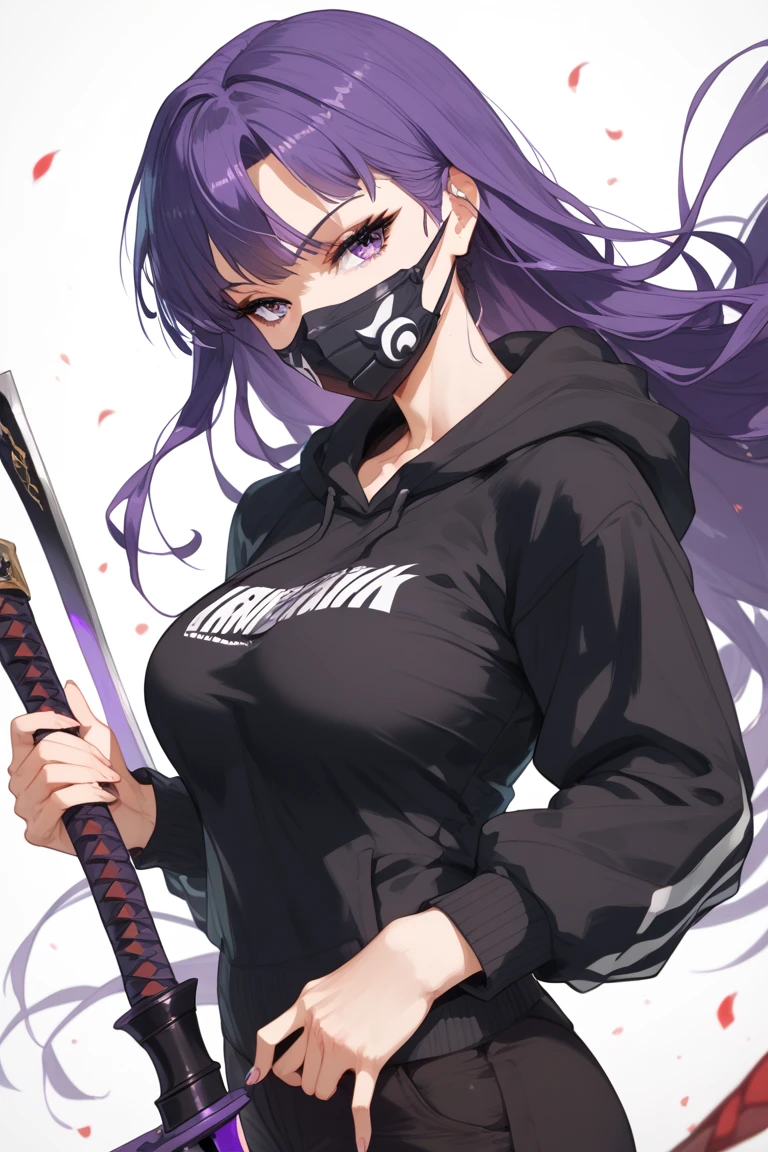 1 woman,  purple hair,  purple eyes, Long hair, Wear a black hoodie,  sensual posture , hentai,  boobs,  boobsใหญ่,  shirt,  Masterpiece,  anatomically correct,  Wild  Flooring, precise, Holding a samurai sword, Wear a mask