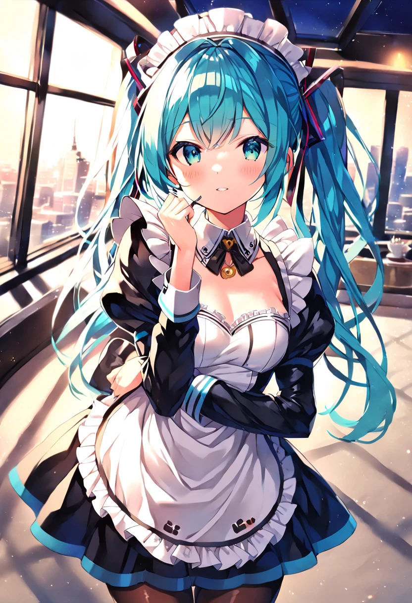 (hatsune miku:1.2), (gleaming skin, shiny skin:1.4), (maid uniform:1.4), (pantyhose:1.4), (maid brim:1.4), (cowboy shot:1.4), (luxurious penthouse, indoor rooftop maid cafe:1.4), (midnight:1.4),