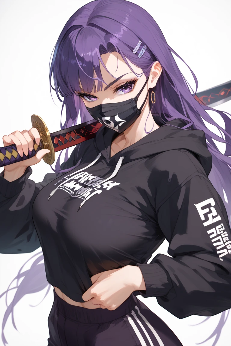 1 woman,  purple hair,  purple eyes, Long hair, Wear a black hoodie,  sensual posture , hentai,  boobs,  boobsใหญ่,  shirt,  Masterpiece,  anatomically correct,  Wild  Flooring, precise, Holding a samurai sword, Put on a full face mask in the shape of a demon