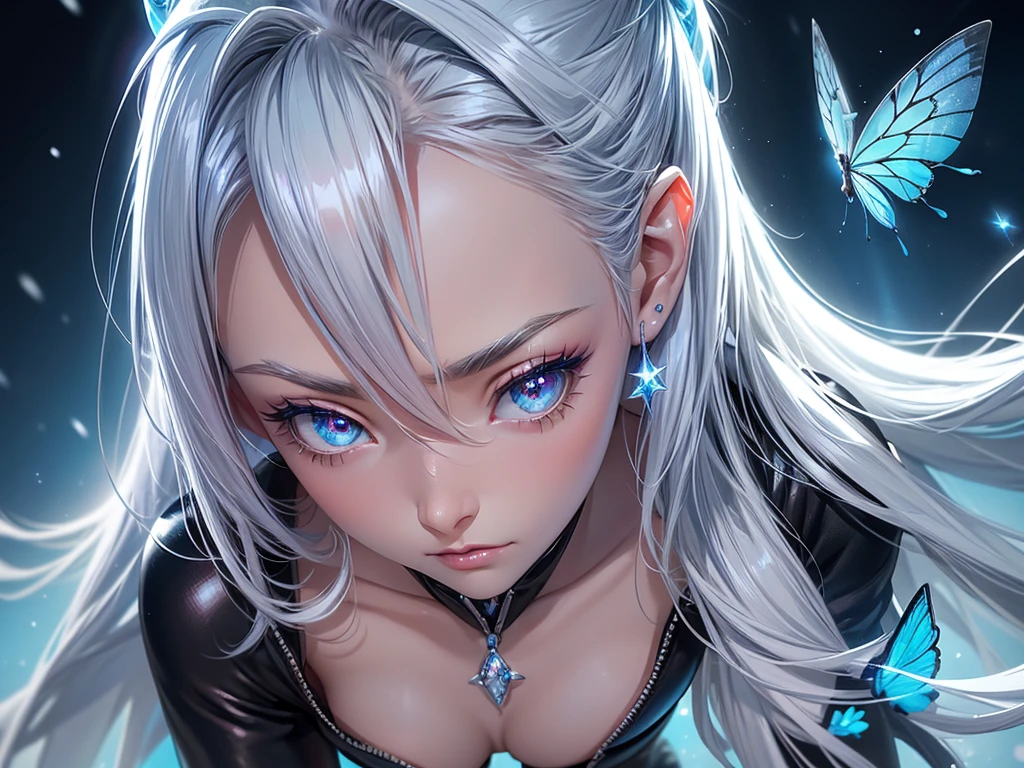 (masterpiece, best quality) detailed, 1girl, blue archive art style ,full body, wearing Black bodysuit, silver accents , zip up , futuristic, shiny , Beautiful woman , pale skin ,frosted Horns,  ponytail, pink eyes, aeyes ,elegant, regal , pure white hair , pointed ears , long eyelashes , , pastel washed out colors , cell shade, snowing ,blue butterfly, absurdly long hair, 



,close-up,crystal, eye focus, gem,sparkle, star \(symbol\),eyesHD, high gradient eyes, detailed eyes, high definition eyes