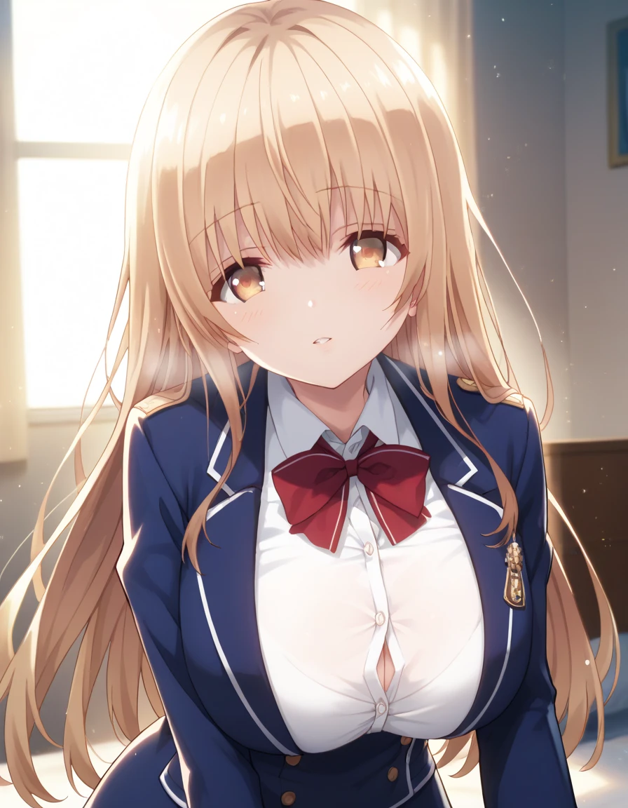 Uncensored, Solo, any viewpoint, Mahiru Shiina, The Angel Next Door Spoils Me Rotten, big breast, uniform school, blue blazer, in heat, room, Volumetric lighting, Volumetric particles,