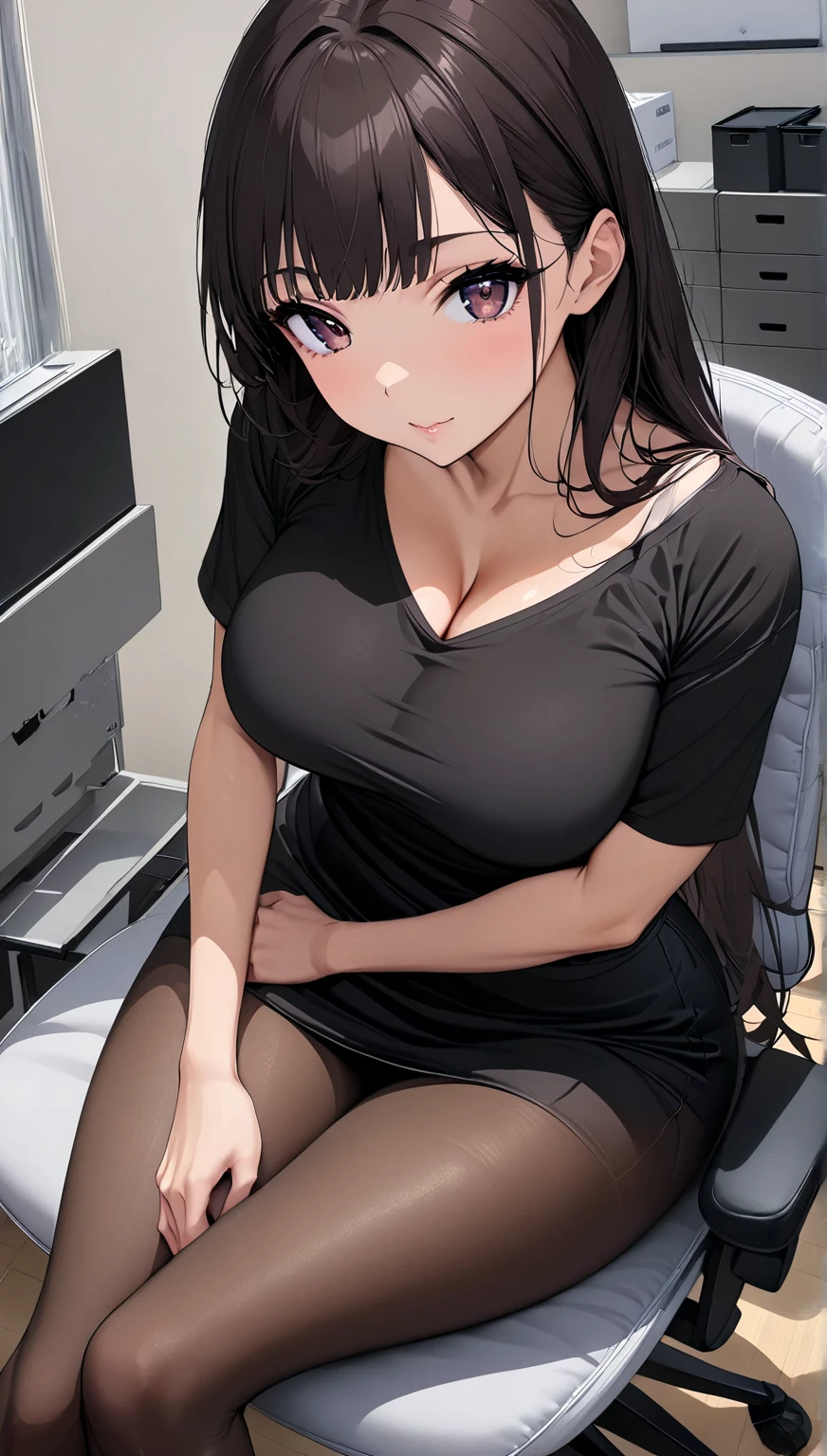 masterpiece, high resolution, beautiful woman, Japan beauty, 30 years old, beautiful woman, (high resolution eyes), (cute eyes), bangs, dark hair, long hair, brown eyes, cute eyes, medium breast, tight black tee shirt, long sleeves, cleavage, black pantyhose, pantyhose, black skirt, office, sit on chair, legs crossed