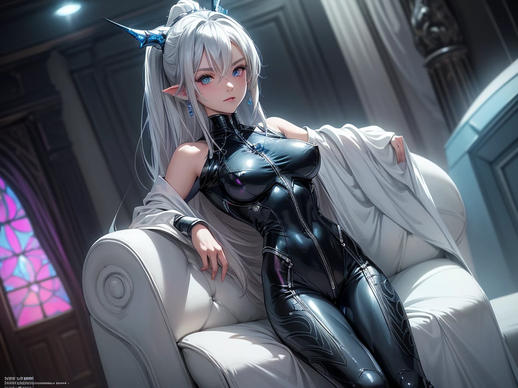 (masterpiece, best quality) detailed, 1girl, blue archive art style ,full body, wearing Black bodysuit, silver accents , zip up , futuristic, shiny , Beautiful woman , pale skin ,frosted Horns,  ponytail, pink eyes, aeyes ,elegant, regal , pure white hair , pointed ears , long eyelashes , age 17, pastel washed out colors , cell shade, simple background, blue butterfly, absurdly long hair, (EyesHD:1.2),(masterpiece),(best quality),(ultra-detailed),(very aesthetic),(sharp focus),(depth of field),(vibrant colors),(ray tracing),(best lighting),(detailed illustration),(detailed background),8k,(cinematic),(beautiful face),(beautiful eyes),eyesHD, high gradient eyes, detailed eyes, high definition eyes