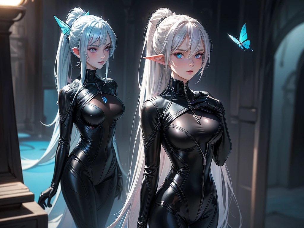 (masterpiece, best quality) detailed, 1girl, blue archive art style ,full body, wearing Black bodysuit, silver accents , zip up , futuristic, shiny , Beautiful woman , pale skin ,frosted Horns,  ponytail, pink eyes, aeyes ,elegant, regal , pure white hair , pointed ears , long eyelashes , age 17, pastel washed out colors , cell shade, simple background, blue butterfly, absurdly long hair, (EyesHD:1.2),(masterpiece),(best quality),(ultra-detailed),(very aesthetic),(sharp focus),(depth of field),(vibrant colors),(ray tracing),(best lighting),(detailed illustration),(detailed background),8k,(cinematic),(beautiful face),(beautiful eyes),eyesHD, high gradient eyes, detailed eyes, high definition eyes