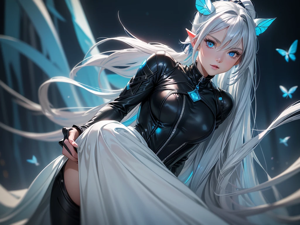 (masterpiece, best quality) detailed, 1girl, blue archive art style ,full body, wearing Black bodysuit, silver accents , zip up , futuristic, shiny , Beautiful woman , pale skin ,frosted Horns,  ponytail, pink eyes, aeyes ,elegant, regal , pure white hair , pointed ears , long eyelashes , age 17, pastel washed out colors , cell shade, simple background, blue butterfly, absurdly long hair, (EyesHD:1.2),(masterpiece),(best quality),(ultra-detailed),(very aesthetic),(sharp focus),(depth of field),(vibrant colors),(ray tracing),(best lighting),(detailed illustration),(detailed background),8k,(cinematic),(beautiful face),(beautiful eyes),eyesHD, high gradient eyes, detailed eyes, high definition eyes