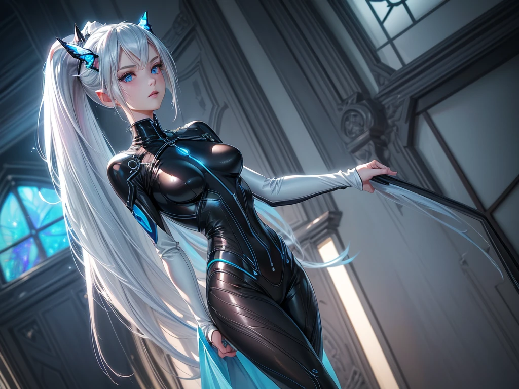 (masterpiece, best quality) detailed, 1girl, blue archive art style ,full body, wearing Black bodysuit, silver accents , zip up , futuristic, shiny , Beautiful woman , pale skin ,frosted Horns,  ponytail, pink eyes, aeyes ,elegant, regal , pure white hair , pointed ears , long eyelashes , age 17, pastel washed out colors , cell shade, simple background, blue butterfly, absurdly long hair, (EyesHD:1.2),(masterpiece),(best quality),(ultra-detailed),(very aesthetic),(sharp focus),(depth of field),(vibrant colors),(ray tracing),(best lighting),(detailed illustration),(detailed background),8k,(cinematic),(beautiful face),(beautiful eyes),eyesHD, high gradient eyes, detailed eyes, high definition eyes