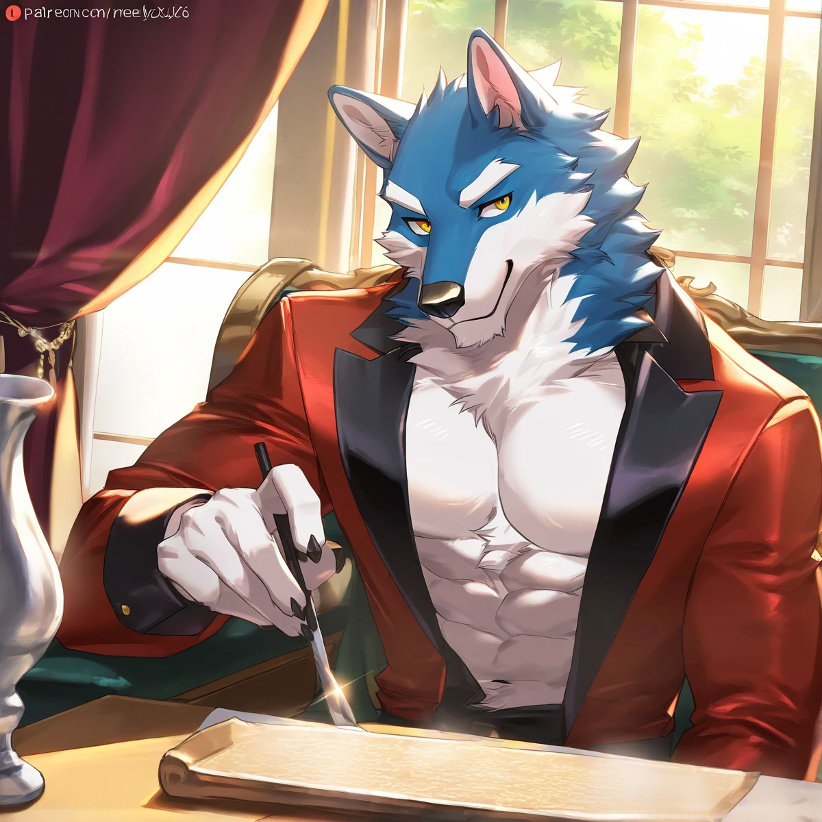 a muscular male anthro wolf with red fur, gold markings, and red eyes, seductive look, undressing, (best quality,4k,8k,highres,masterpiece:1.2),ultra-detailed,(realistic,photorealistic,photo-realistic:1.37),detailed facial features,extremely detailed eyes and face,detailed muscular body,red hair,anthro,frontage,hot