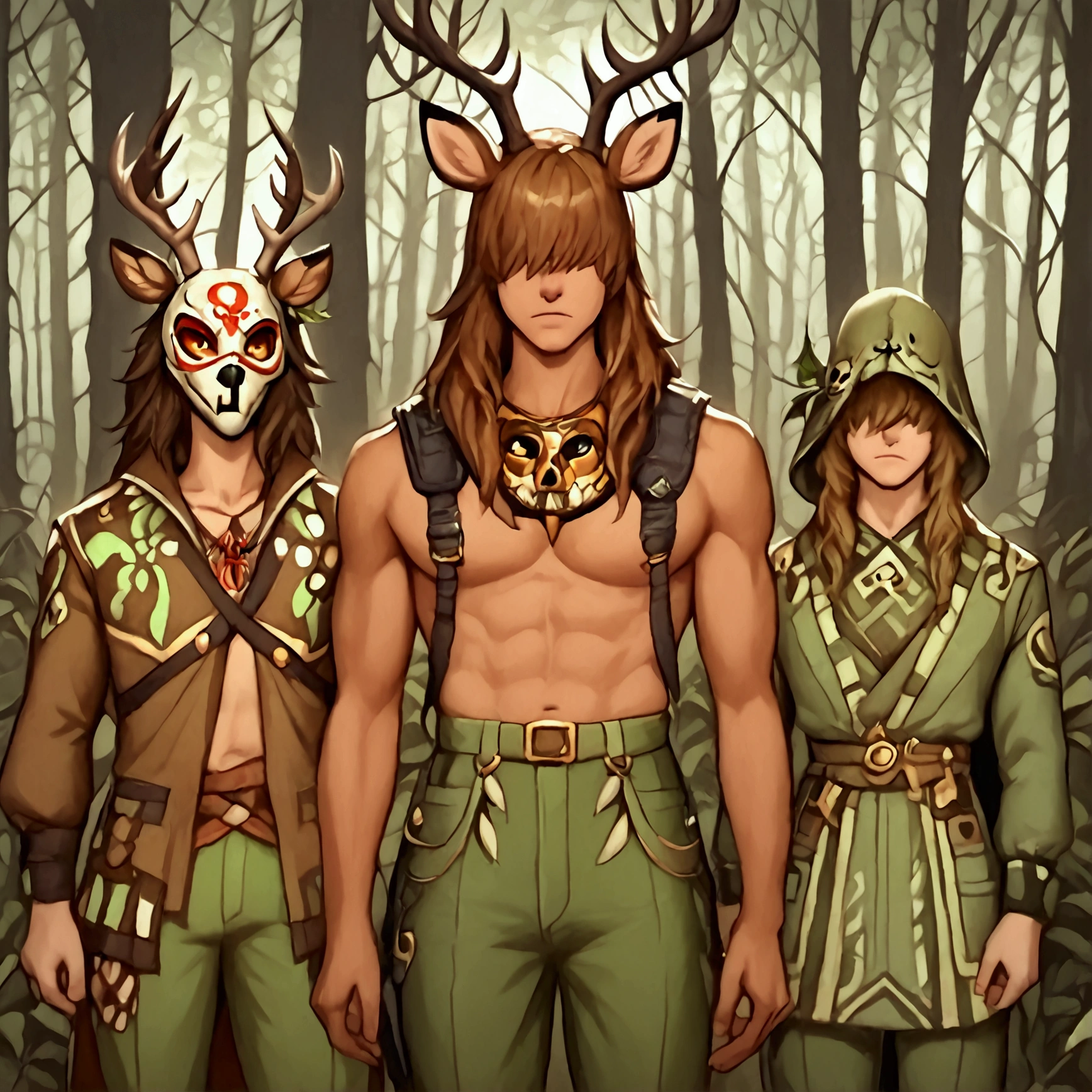 masterpiece, newest, absurdres, safe, high detailed, masterpiece. high detailed, male, relaxed, Male, Masculine, handsome face, Handsome male, Soldier, Post apocalyptic, Deer skull mask, deer skull mask, Druid, Forest druid, Long brown hair, amber eyes, shirtless, tanned, Tribal clothing, Tactical Harness holster, Tribal tattoos, Green pants. in a forest. Wearing Leaves, Tanned, Hidden face, Mask, deer skull mask, deer mask, wendigo mask, masked, faceless, hidden face, Wearing a skirt of leaves, leaf skirt