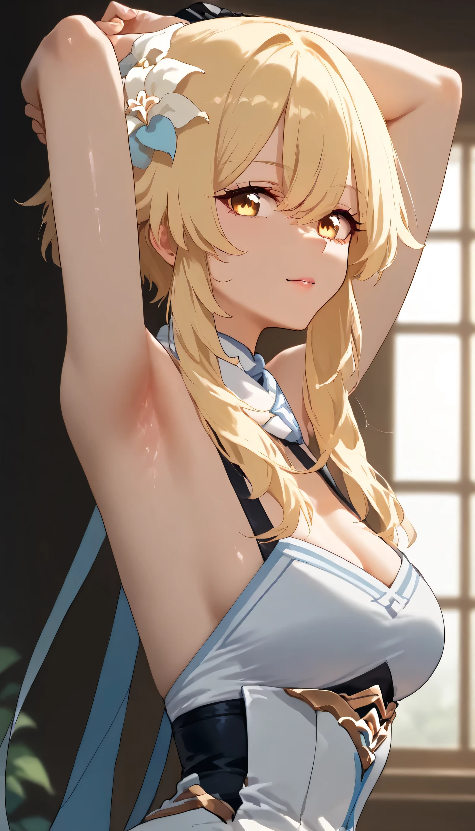 , score_9,score_8_up,score_7_up, shiny skin, solo, 1girl, lumine, genshin impact lumine, bangs, blonde hair, hair ornament, blunt bangs, hair between eyes, yellow eyes, flower, hair flower, feather hair ornament, hands up, hands tying hair, hands on hair, armpit, side view, naked