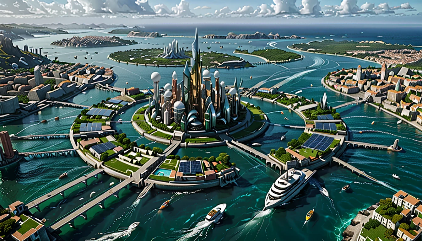 (A giant seagoing futuristic floating island city), self-sufficient and sustainable, harnessing wind and solar power, wave motion, and a small fusion reactor to power the living city. The city features rounded homes to avoid wind resistance, sails for movement, and giant balloons or blimps for harnessing lightning and scientific purposes. The densely packed yet spacious homes have hanging gardens and surfaces covered in green plant life, shiny solar panels, or polished metal. Ponds and canals run through the city, creating a vibrant, eco-friendly environment. The city extends several levels underwater with additional structures and spaces beneath the surface of the ocean. The design blends (sci-fi futurism) with steampunk hints, creating (a sleek and modern look). There is lots of gleaming glass, and metal, and white marble intermingled seamlessley into the environment. In the distance a similar city can be seen to being lifted off the surface of the ocean up into the sky by large dirigibles. absurdres, 8k, maximum detail cinematic movie still, masterpiece, best quality, absurd resolution, 8k, ray tracing, HDR, UHD, volumetric lighting, Unreal Engine 5, Unity Engine, Blender, octane render, exquisite subject composition and use of lighting:1.4, exceptional, award-winning shading:1.38, sharp focus:1.35, high-angle), HDR, 8k, UHD 8K resolution, wide-angle lens, landscape photograph, Absurd resolution, maximum detail, photorealistic, realistic, ultra-realistic, repeat positive prompts, repeat negative prompts, epiCPhoto, eznegativexl, ((the city is floating on the open ocean far offshore away from land), birds eye view):2