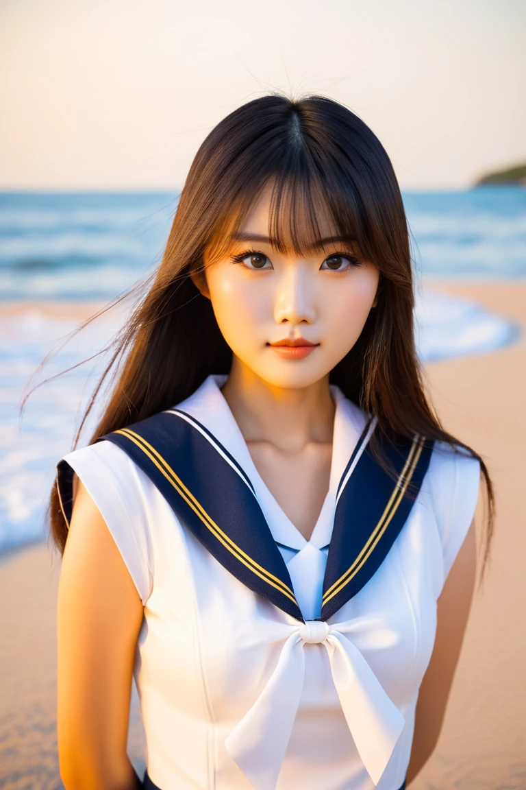 Idol-like Japanese women ,Long Hair ,Straight hair, Round face ,Bust Up , Sailor suit , As shown in the picture , Golden sand beach at sunset