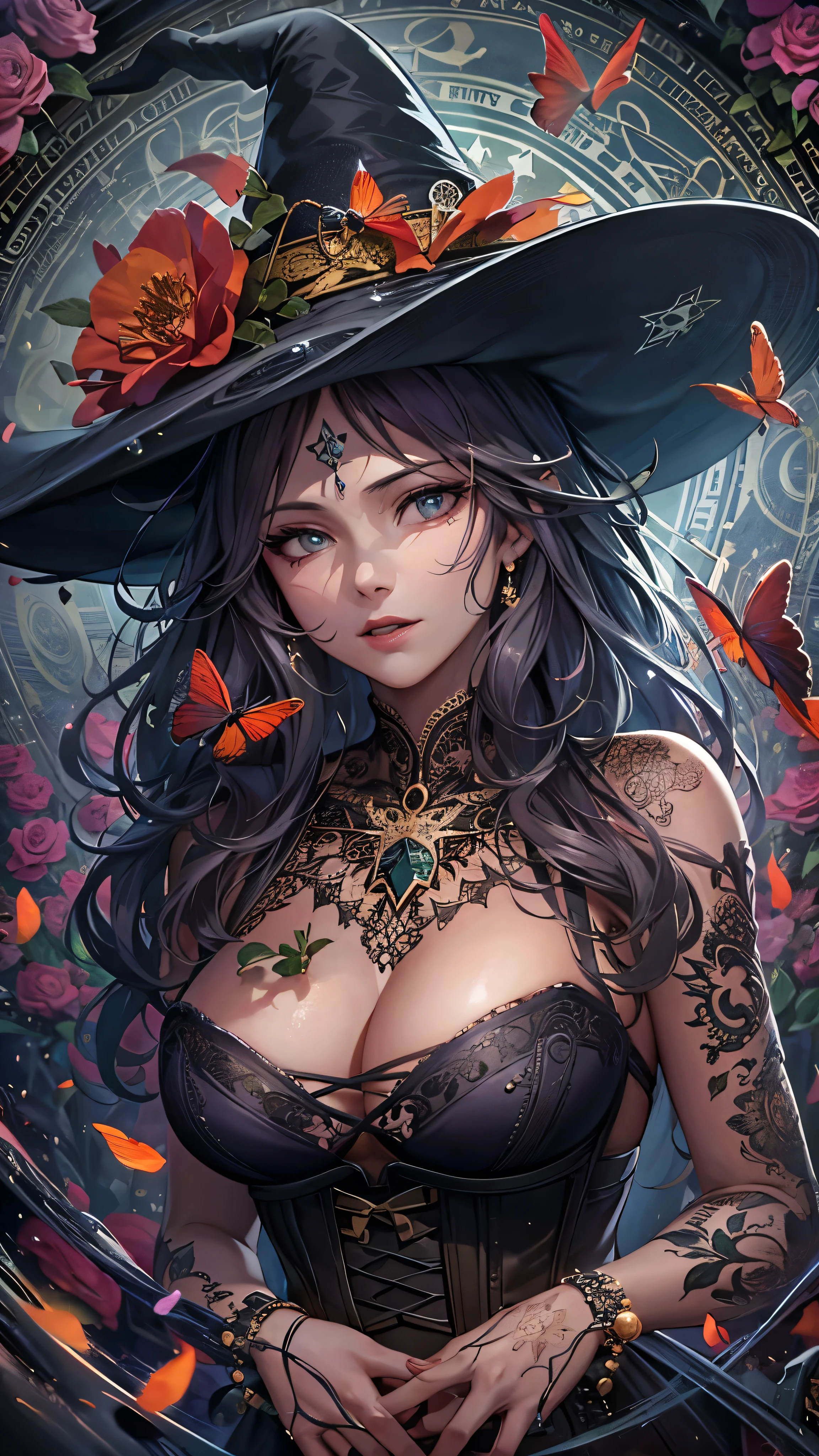 Woman in elegant Victorian dress, flowers on her head, orange flowers in the background, skull face, skull necklace, round black eye makeup, large flowers drawn on her forehead, green skin, witch, witch’s hat,