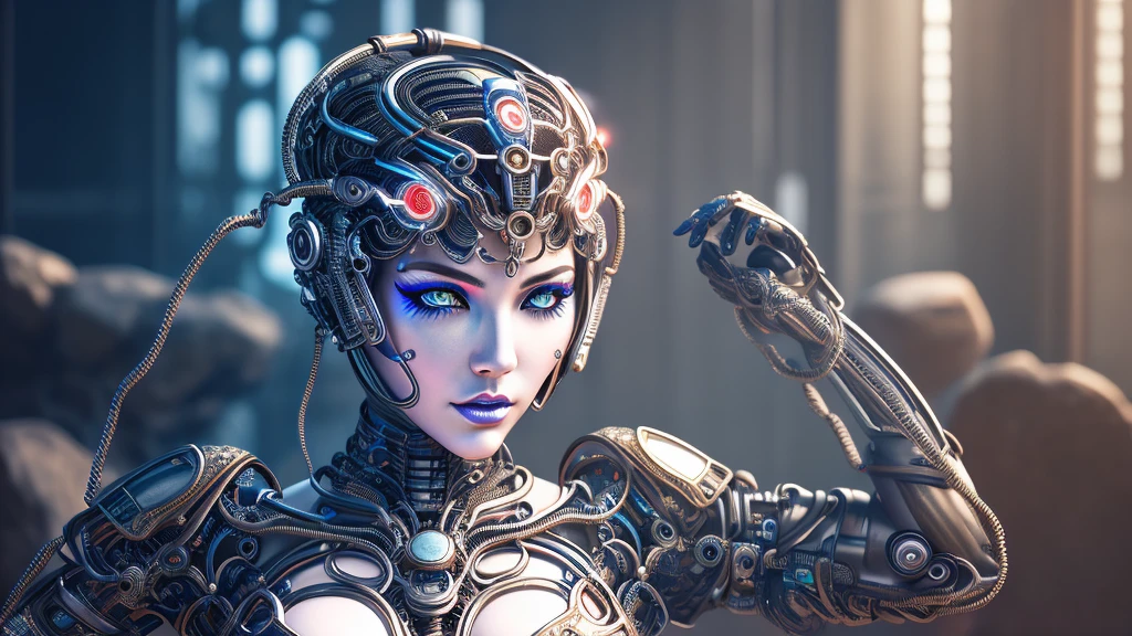 this is、An artistic digital illustration depicting a bust of a woman with cybernetic enhancements and an elaborate mechanical headdress。. The figure's facial expression is passive yet intense, Her striking red eyes and blue makeup stand out against the beautiful Chinese landscape backdrop as 、 and the cool metallic tones of the machine。.  rich in detail , the artwork blends organic and mechanical aesthetics, combining smooth human skin with intricate gears, Wire, and dripping.