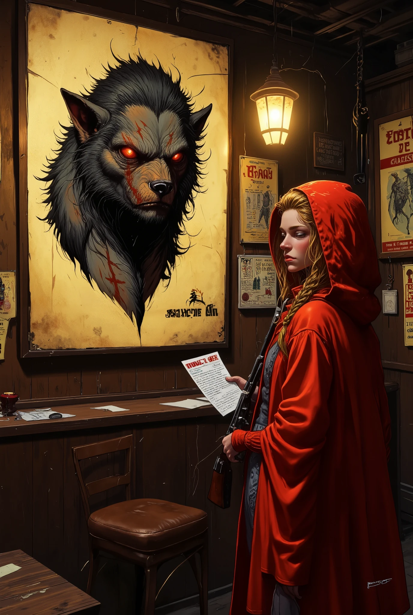 ((UHD, retina, masterpiece, high details, high quality, best quality,  highres icon)), Tavern, board,  Yellowed Old Posters, The upper body of a werewolf is written on the poster\flat\ Cowboy Shots:1.2,  Werewolf's Letter ,  Cross Scar on the Left Eye ,  staring, Below the Arrangement Form :"10,000$" BREAK 1girl, red riding hood:1.5, I'm looking at the arrangement:1.5, Blonde,  braids ,  shotgun