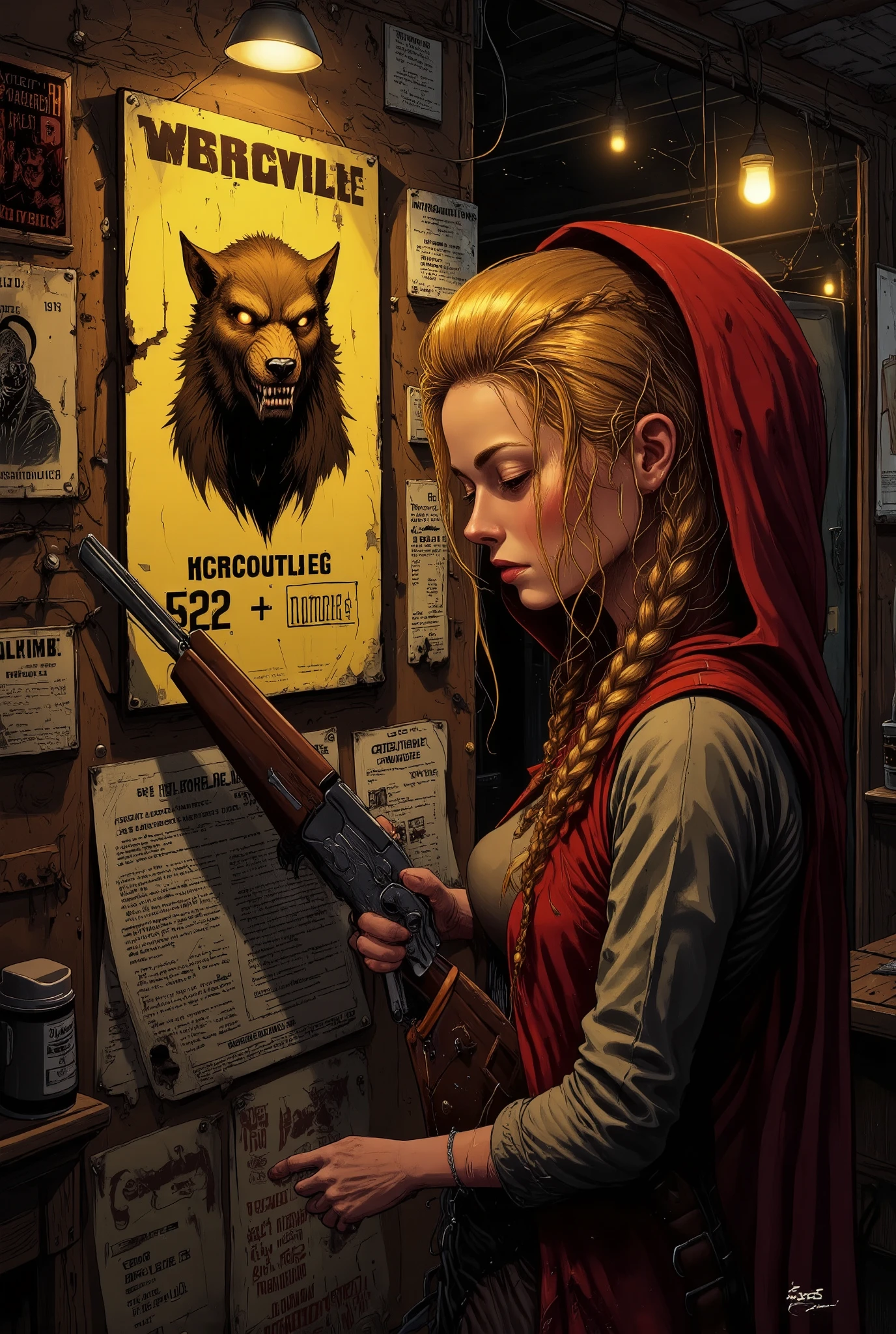 ((UHD, retina, masterpiece, high details, high quality, best quality,  highres icon)), Tavern, board,  Yellowed Old Posters, The upper body of a werewolf is written on the poster\flat\ Cowboy Shots:1.2,  Werewolf's Letter ,  Cross Scar on the Left Eye ,  staring, Below the Arrangement Form :"10,000$" BREAK 1girl, red riding hood:1.5, I'm looking at the arrangement:1.5, Blonde,  braids ,  shotgun