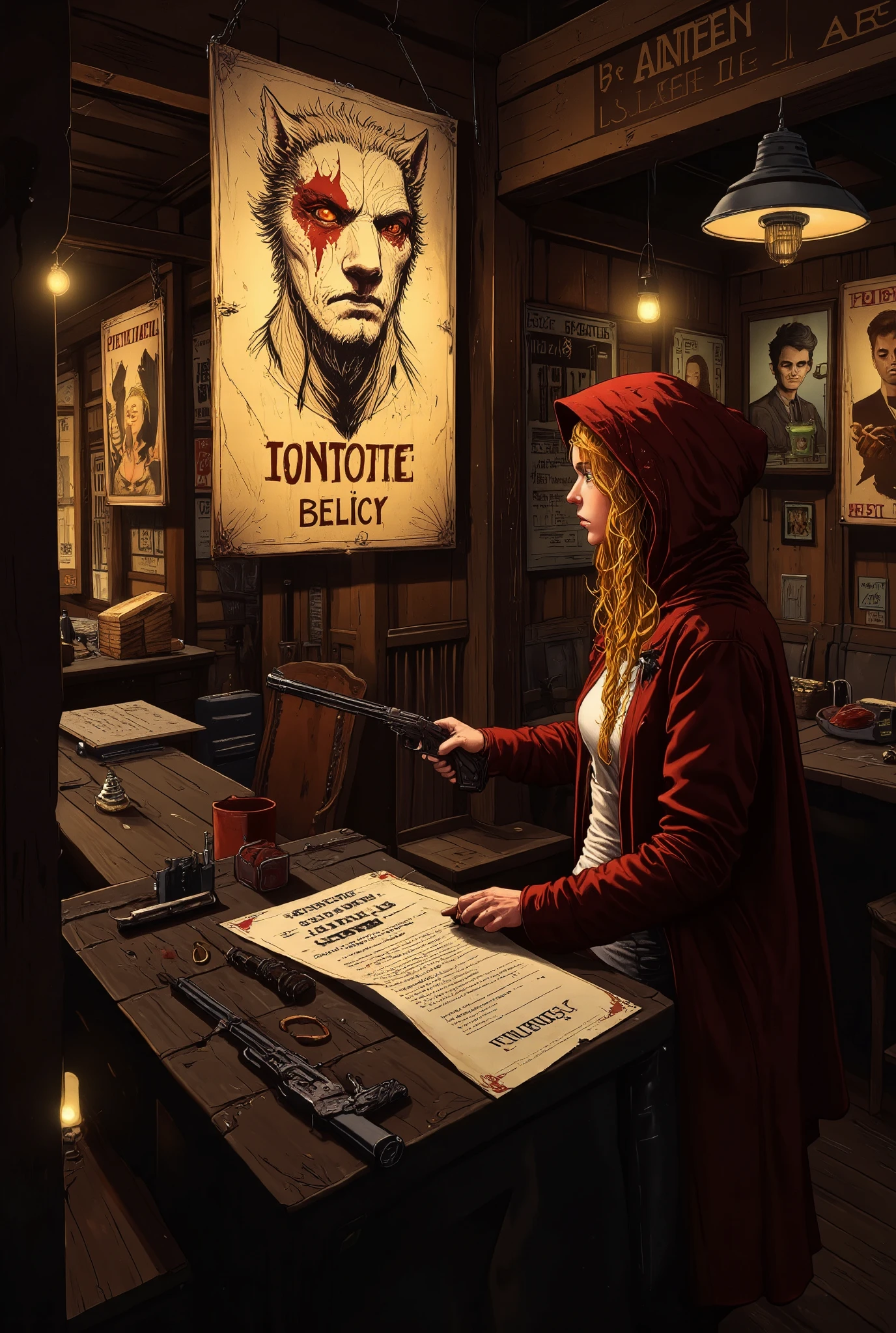 ((UHD, retina, masterpiece, high details, high quality, best quality,  highres icon)), Tavern, board,  Yellowed Old Posters, The upper body of a werewolf is written on the poster\flat\ Cowboy Shots:1.2,  Werewolf's Letter ,  Cross Scar on the Left Eye ,  staring, Below the Arrangement Form :"10,000$" BREAK 1girl, red riding hood:1.5, I'm looking at the arrangement:1.5, Blonde,  braids ,  shotgun