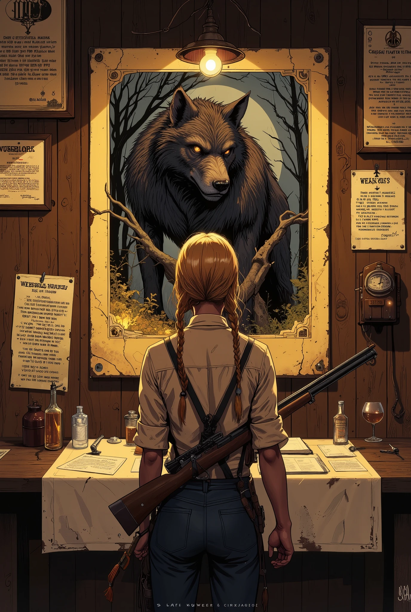 ((UHD, retina, masterpiece, high details, high quality, best quality,  highres icon)), Tavern, board,  Yellowed Old Posters, The upper body of a werewolf is written on the poster\flat\ Cowboy Shots:1.2,  Werewolf's Letter ,  Cross Scar on the Left Eye ,  staring, Below the Arrangement Form :"10,000$" BREAK red riding hood girl:1.5, I'm looking at the arrangement:1.5, Blonde,  braids ,  shotgun