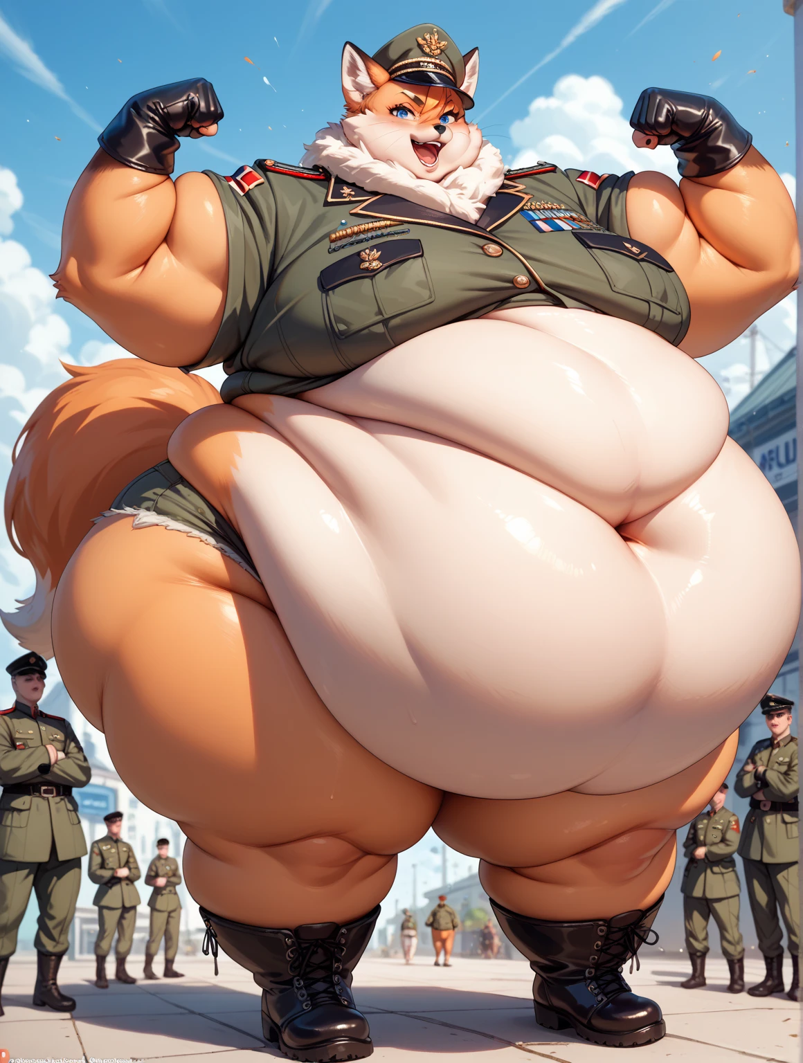 (masterpiece, best quality:1.2), solo, 1girl, striveelphelt, grin, looking at viewer, hands on hips, ahoge, hairband, jacket, dress, fingerless gloves, thighhighs, spiked collar, spiked bracelet, concert, spotlight,extremely obese, (obese belly):1.7, (obese legs):1.5, fat rolls, SSBBW Adeline body,(thicc:0.5), (WeightImmobile:1.3), (obese:1.2) (round face:1.3), huge belly, wide hips, from below, discoelysium, legs spread, muffin top, pudgy, Big Baby Bump pregnant, Big , Big pregnant Belly, Big Pregnant girl, Largest Belly of Pregnant, Huge Pregnancy, Huge 9 months Pregnancy Belly, huge belly expansion, huge belly girl, morbid obesity,800lbs,enormous fat belly, rolls of fat, fat thighs, Massively Bloated Abdomen, ridiculously large spherical Belly, oversized spherical stomach, ridiculously oversized pregnant belly, huge stomach