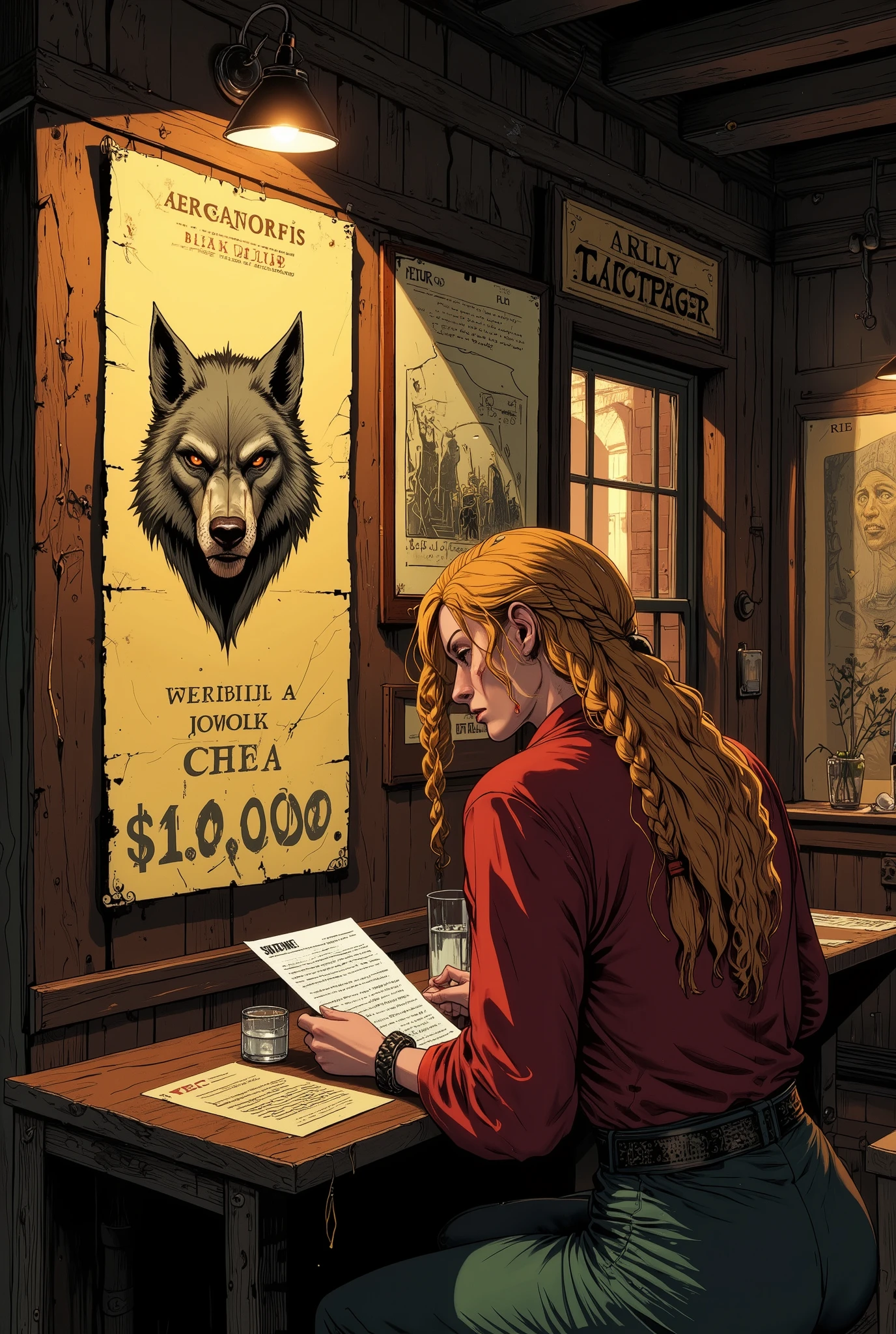 ((UHD, retina, masterpiece, high details, high quality, best quality,  highres icon)), Tavern, board,  Yellowed Old Posters, The upper body of a werewolf is written on the poster\flat\ Cowboy Shots:1.2,  Werewolf's Letter ,  Cross Scar on the Left Eye ,  staring, Below the Arrangement Form :"10,000$" BREAK red riding hood girl, I'm looking at the arrangement, Blonde,  braids 