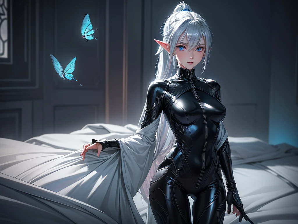 (masterpiece, best quality) detailed, 1girl, blue archive art style ,full body, wearing Black bodysuit, silver accents , zip up , futuristic, shiny , Beautiful woman , pale skin ,frosted Horns,  ponytail, pink eyes, aeyes ,elegant, regal , pure white hair , pointed ears , long eyelashes , , pastel washed out colors , cell shade, simple background, blue butterfly, absurdly long hair, (EyesHD:1.2),(masterpiece),(best quality),(ultra-detailed),(very aesthetic),(sharp focus),(depth of field),(vibrant colors),(ray tracing),(best lighting),(detailed illustration),(detailed background),8k,(cinematic),(beautiful face),(beautiful eyes),eyesHD, high gradient eyes, detailed eyes, high definition eyes