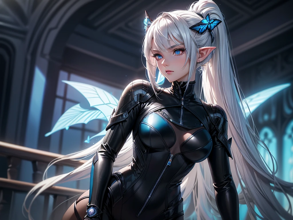 (masterpiece, best quality) detailed, 1girl, blue archive art style ,full body, wearing Black bodysuit, silver accents , zip up , futuristic, shiny , Beautiful woman , pale skin ,frosted Horns,  ponytail, pink eyes, aeyes ,elegant, regal , pure white hair , pointed ears , long eyelashes , age 17, pastel washed out colors , cell shade, simple background, blue butterfly, absurdly long hair, (EyesHD:1.2),(masterpiece),(best quality),(ultra-detailed),(very aesthetic),(sharp focus),(depth of field),(vibrant colors),(ray tracing),(best lighting),(detailed illustration),(detailed background),8k,(cinematic),(beautiful face),(beautiful eyes),eyesHD, high gradient eyes, detailed eyes, high definition eyes